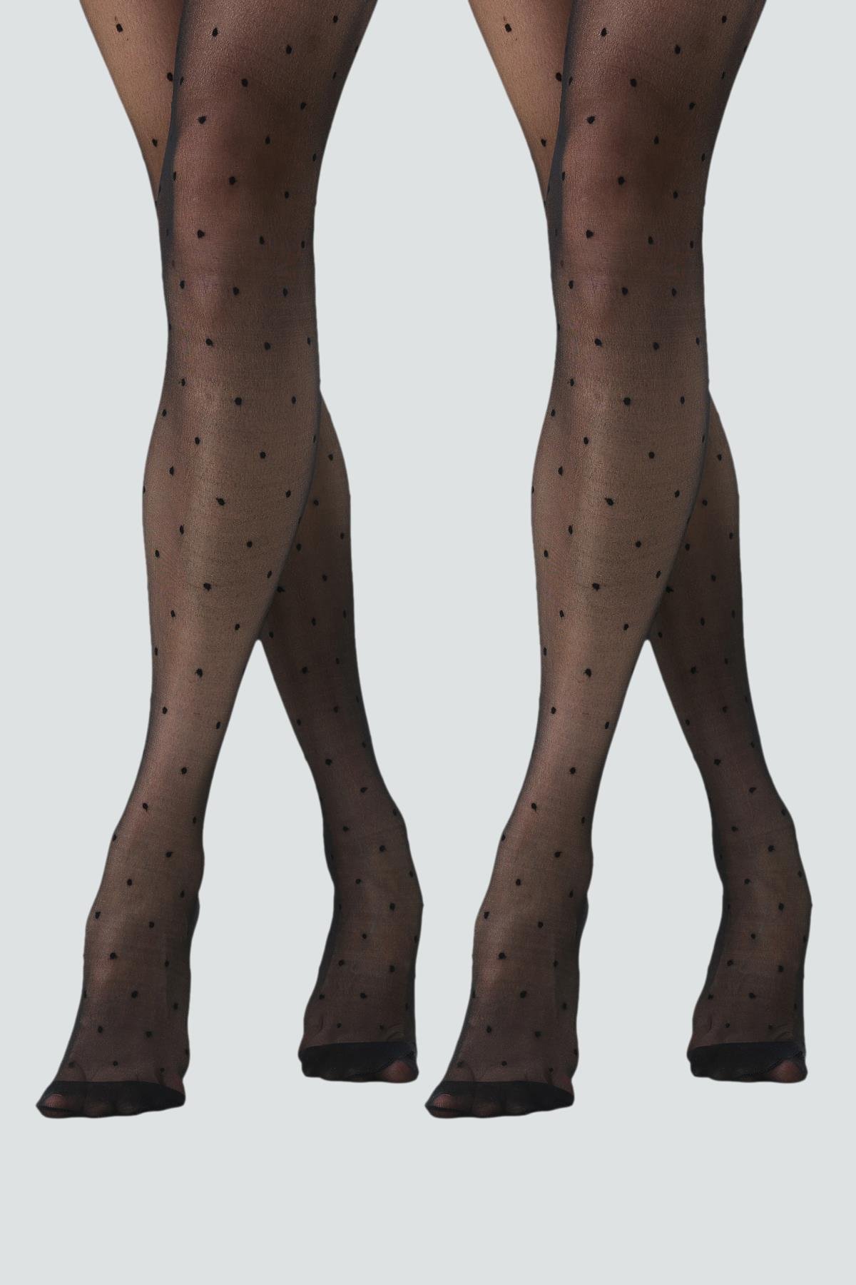 İnce Büyük Beden Nokta Desenli 20 Denye 2'li Külotlu Çorap Siyah/Siyah