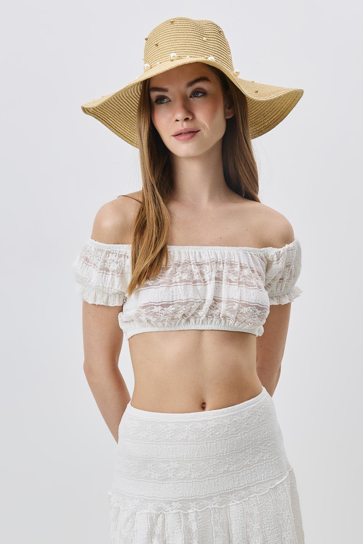 İnci Detaylı Geniş Hasır Şapka Y8214 Bej