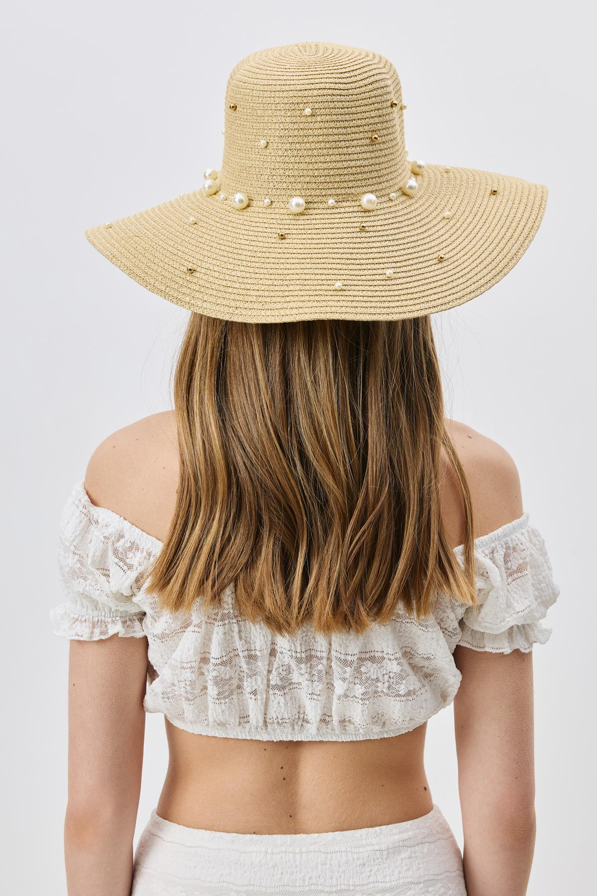 İnci Detaylı Geniş Hasır Şapka Y8214 Bej