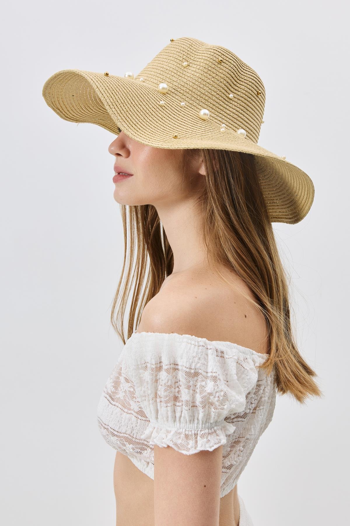 İnci Detaylı Geniş Hasır Şapka Y8214 Bej