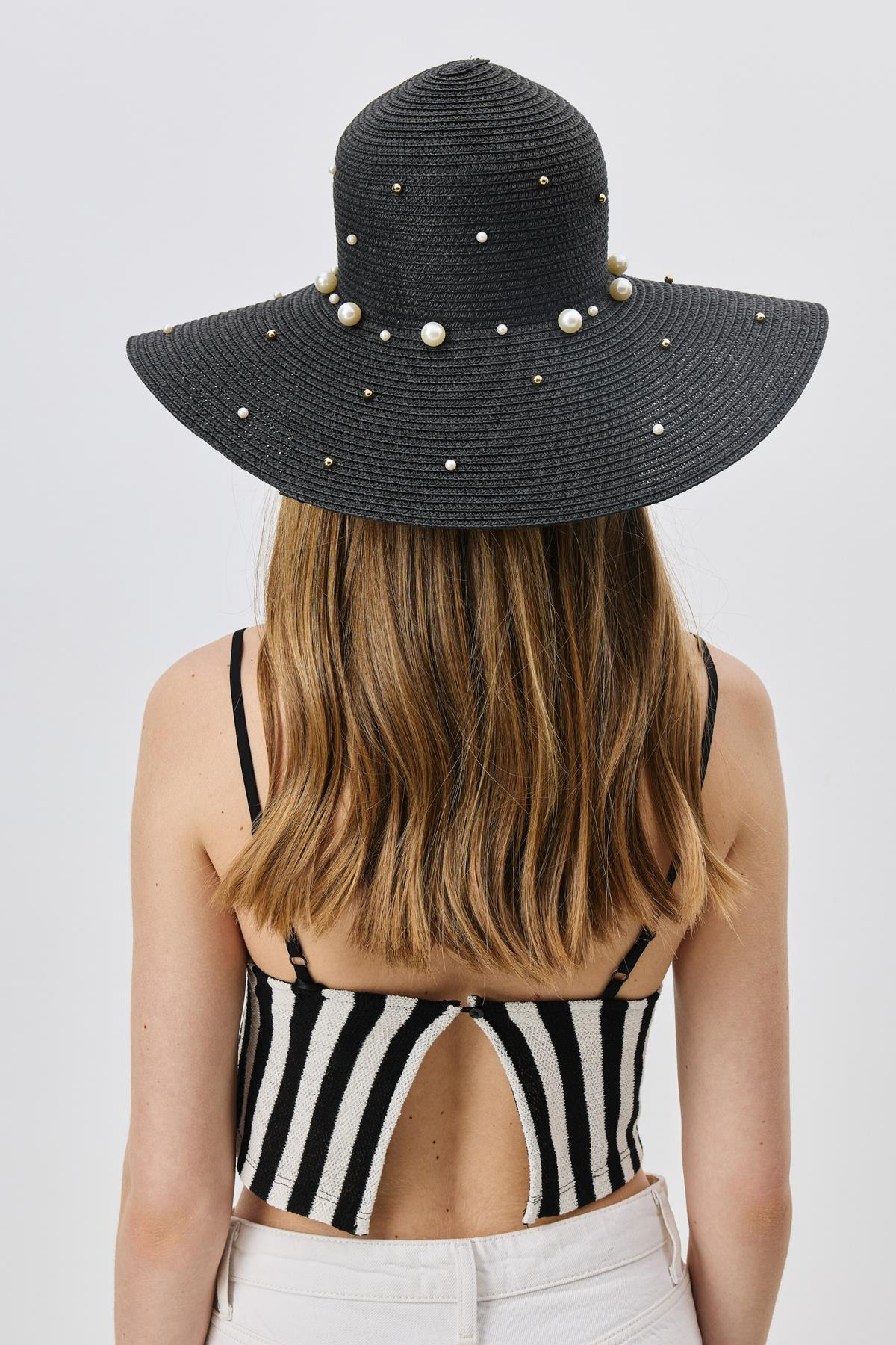 İnci Detaylı Geniş Hasır Şapka Y8214 Siyah