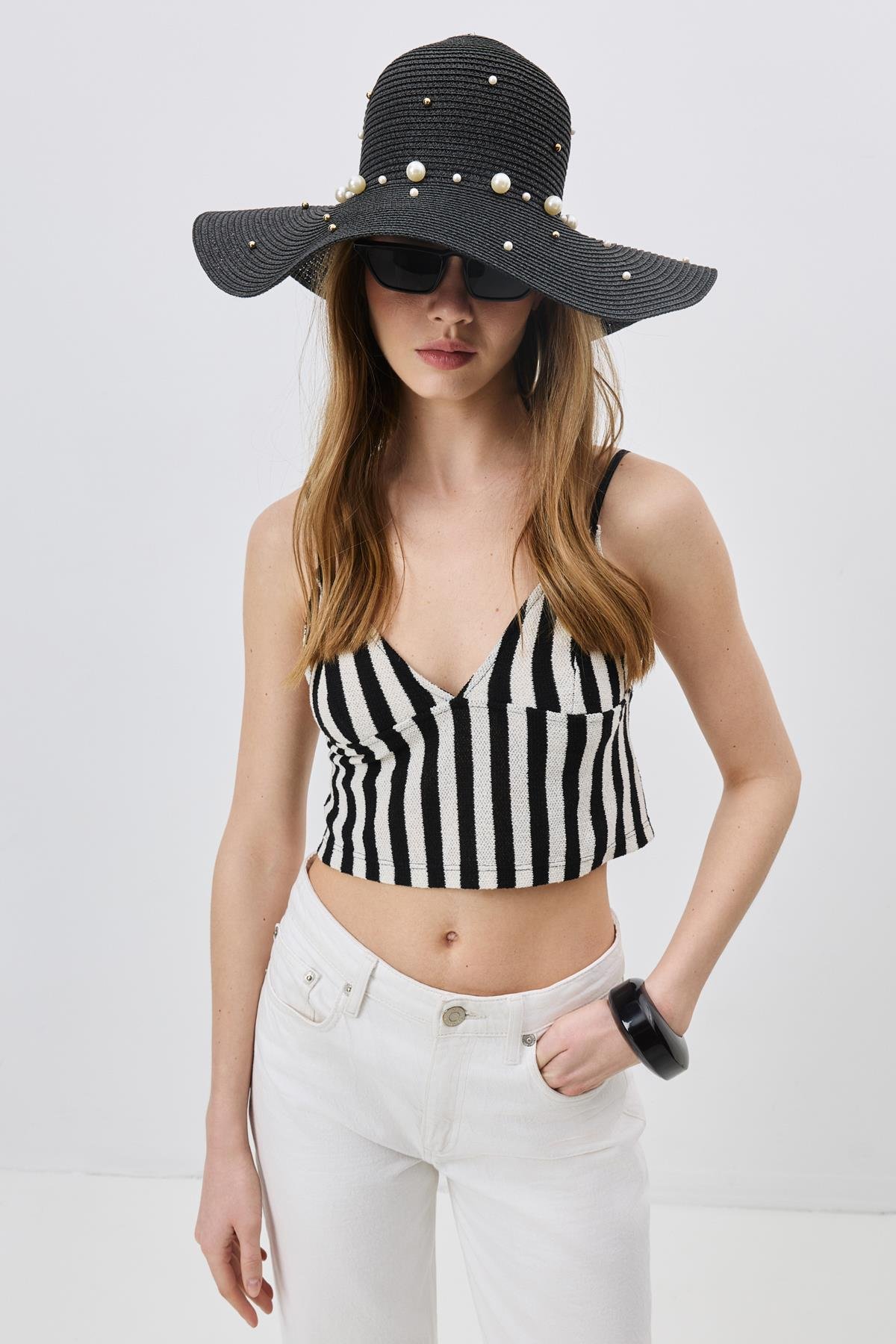 İnci Detaylı Geniş Hasır Şapka Y8214 Siyah