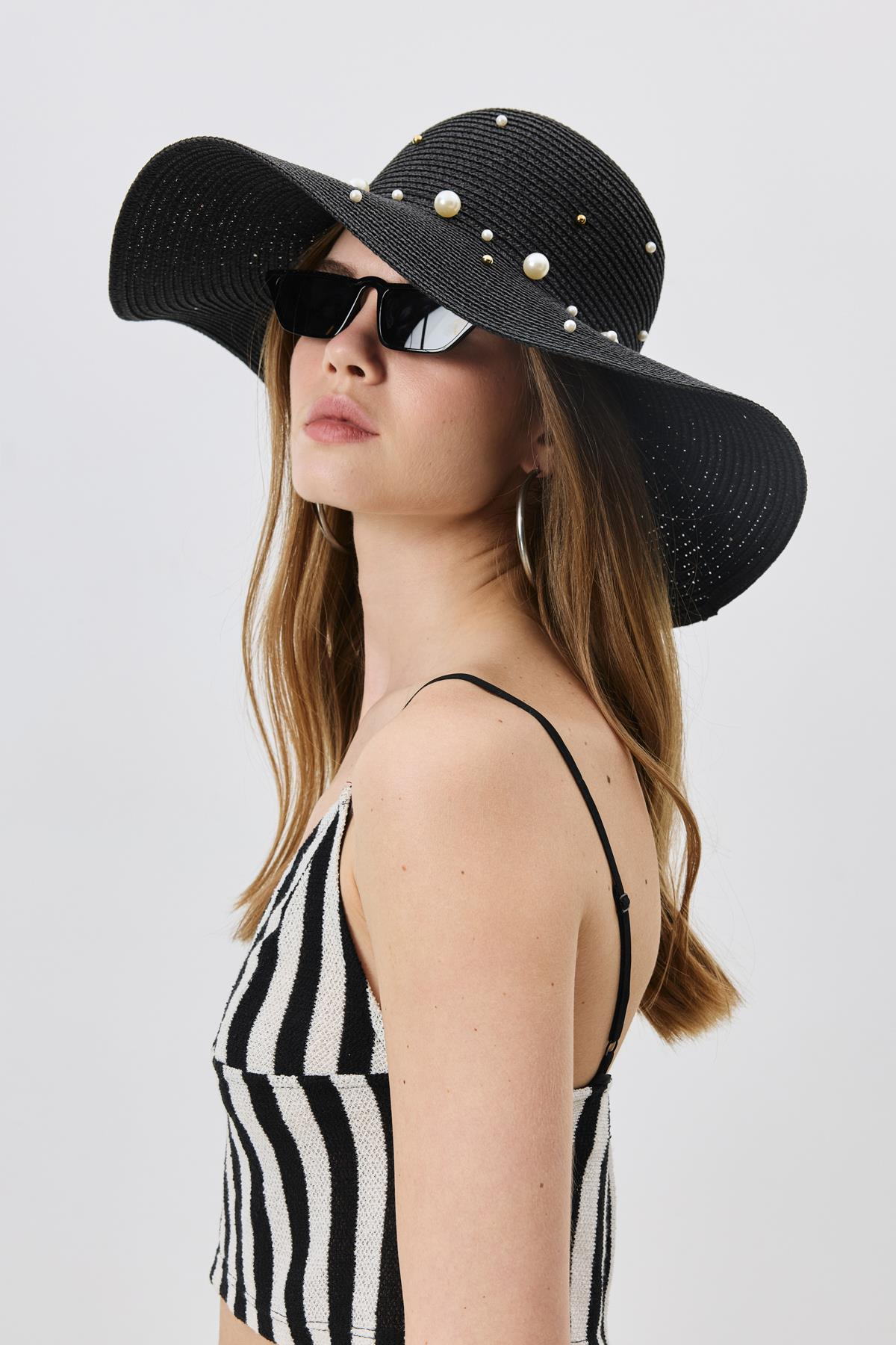 İnci Detaylı Geniş Hasır Şapka Y8214 Siyah