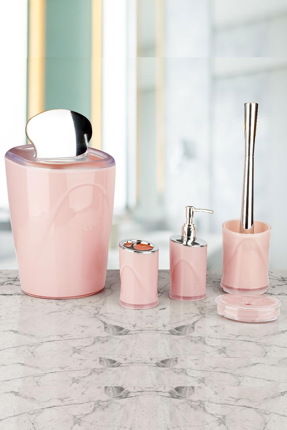 İndecor Akrilik 5 Parça Kromajlı Banyo Seti Pembe