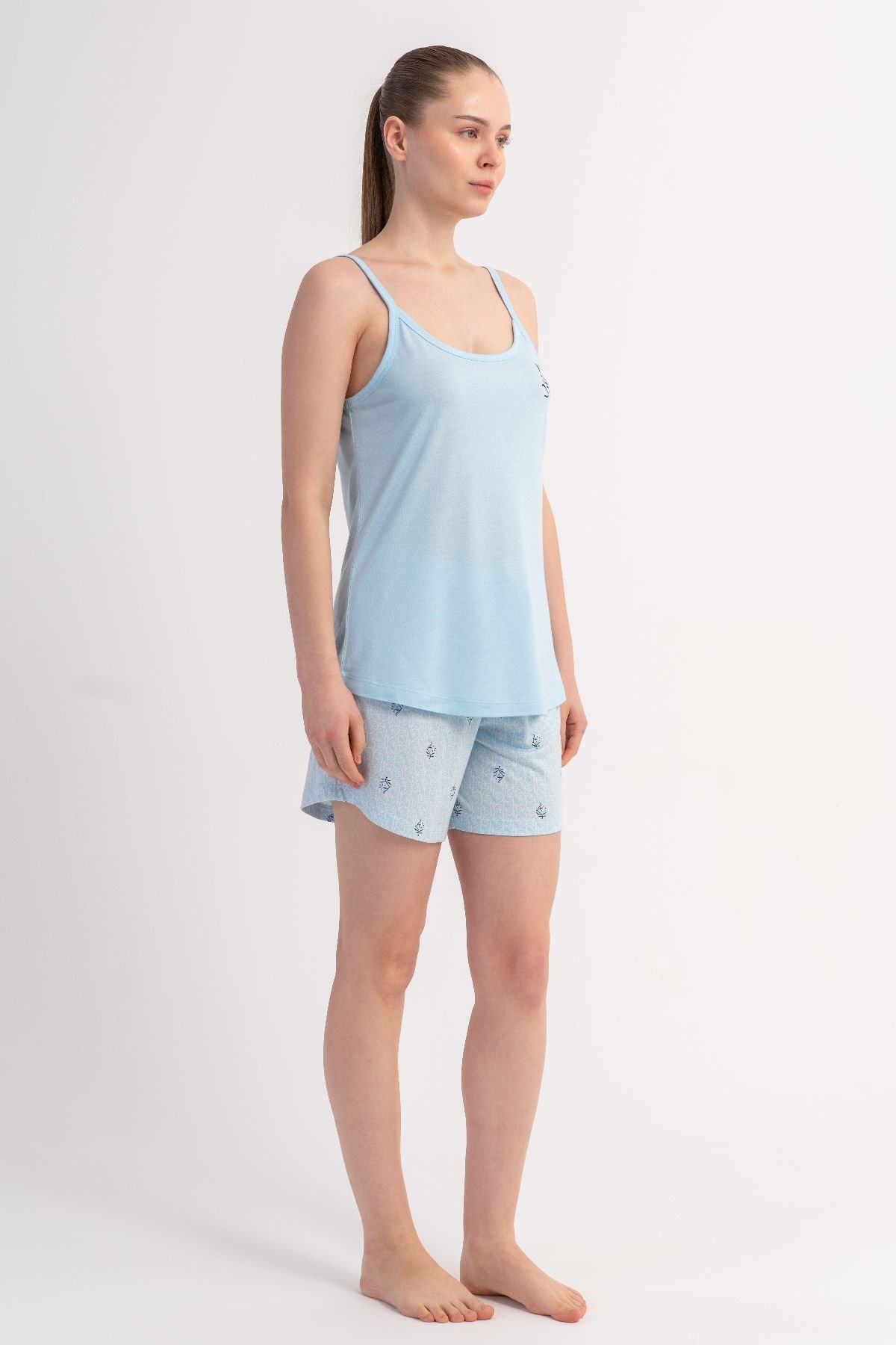 İp Askılı Şortlu Pijama Takımı Açık Mavi-512231