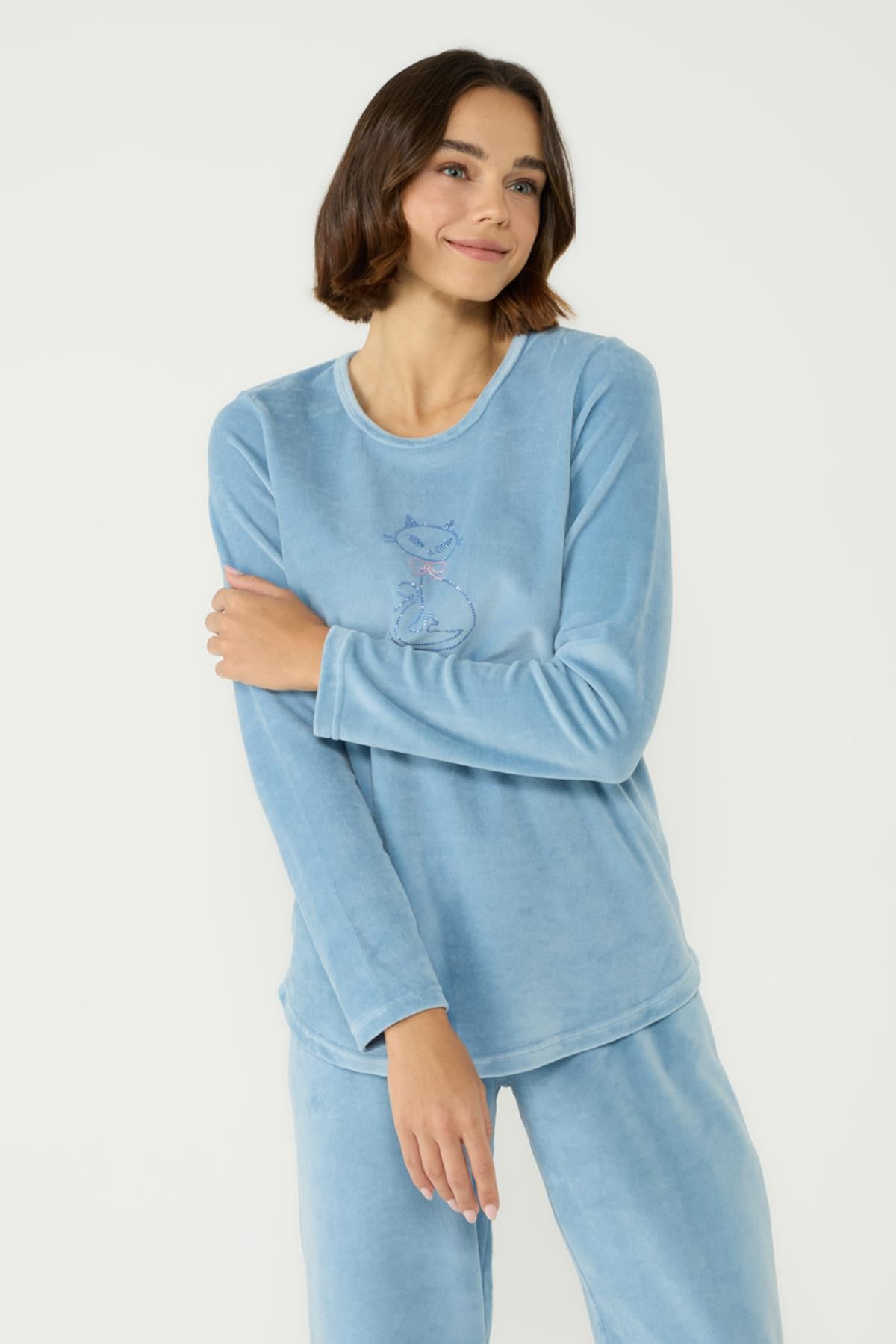 Kadife Bisiklet Yaka Uzun Kol Cepli Pijama Takım 403091 Mavi