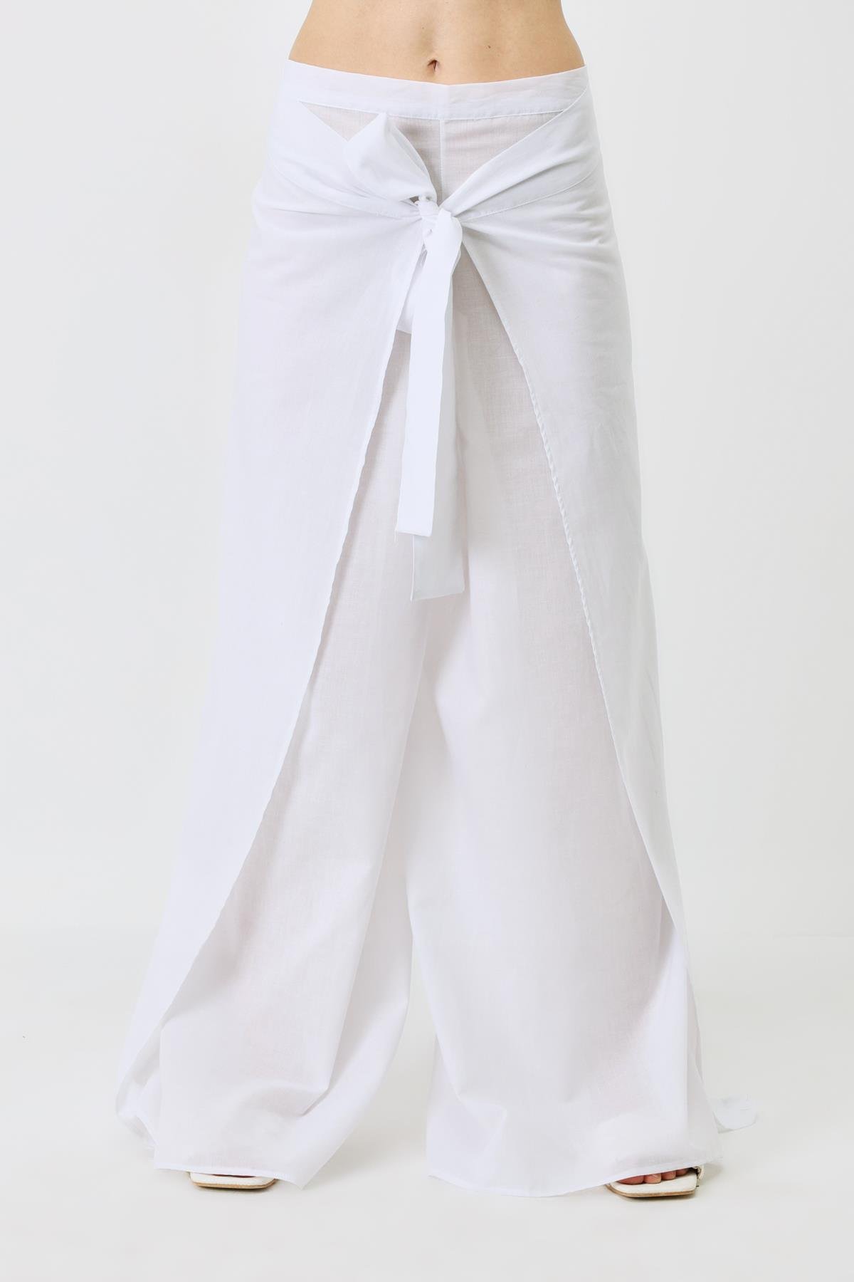 Kadın Belden Kuşaklı Pareo Pantolon 9078 Beyaz