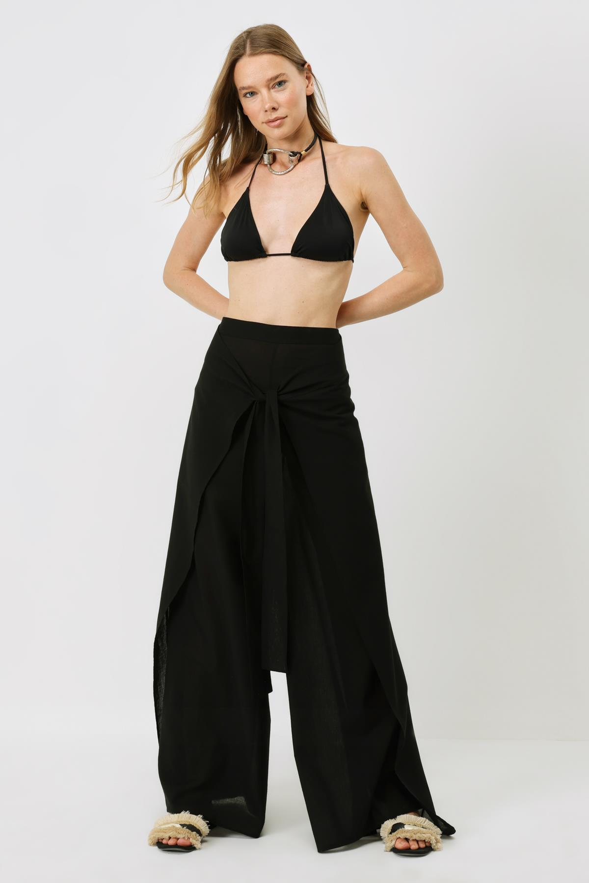 Kadın Belden Kuşaklı Pareo Pantolon 9078 Siyah