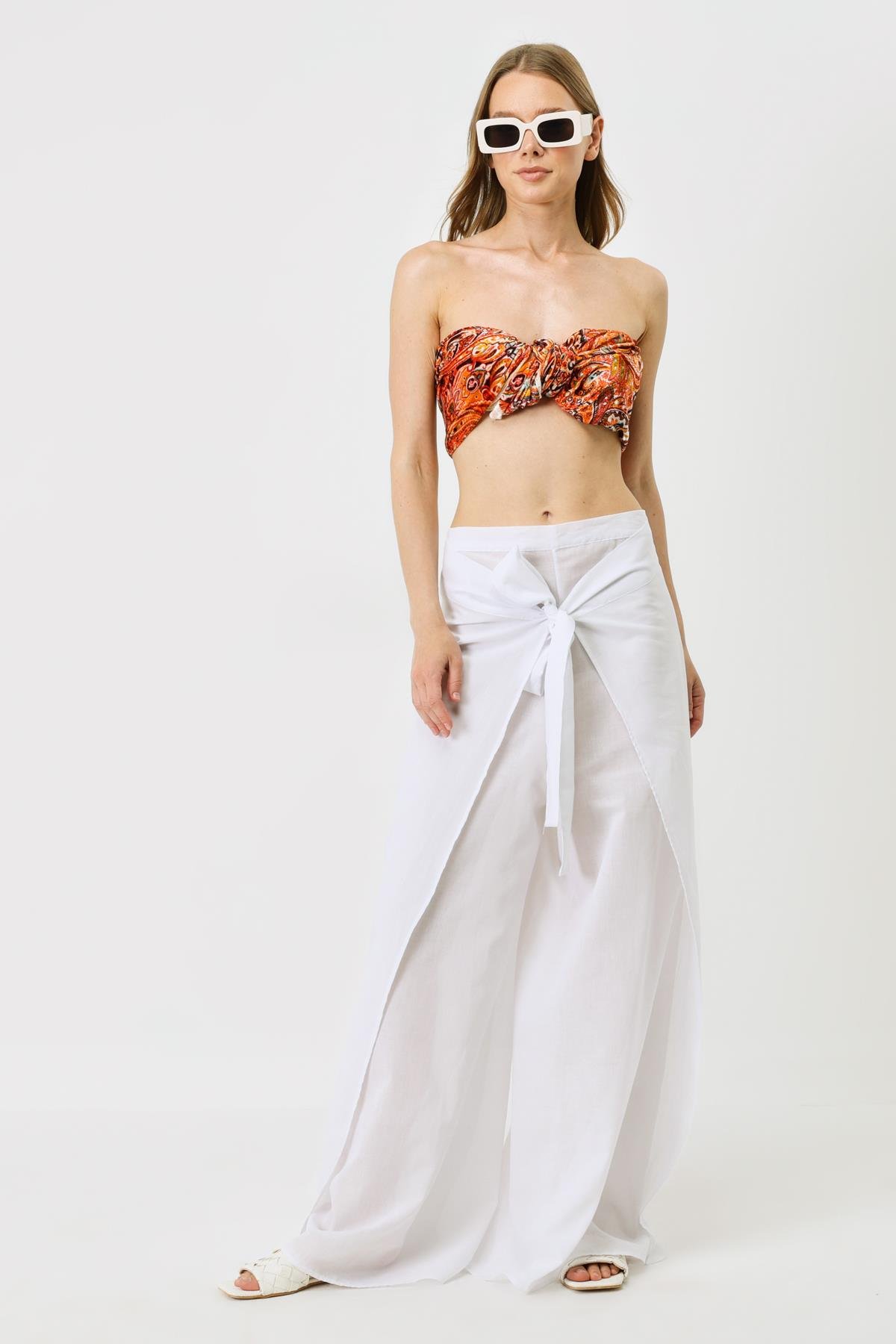 Kadın Belden Kuşaklı Pareo Pantolon 9078 Beyaz