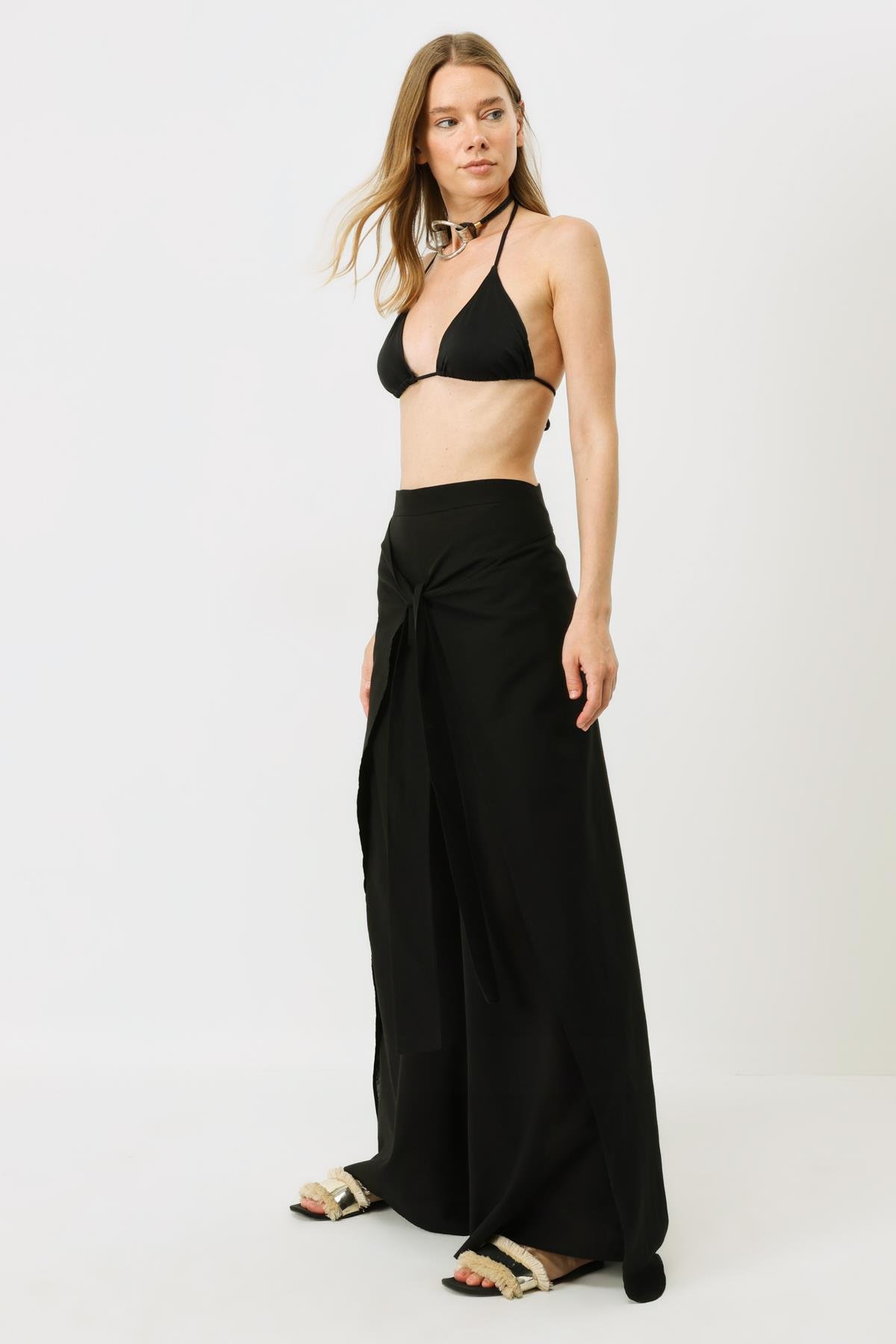 Kadın Belden Kuşaklı Pareo Pantolon 9078 Siyah