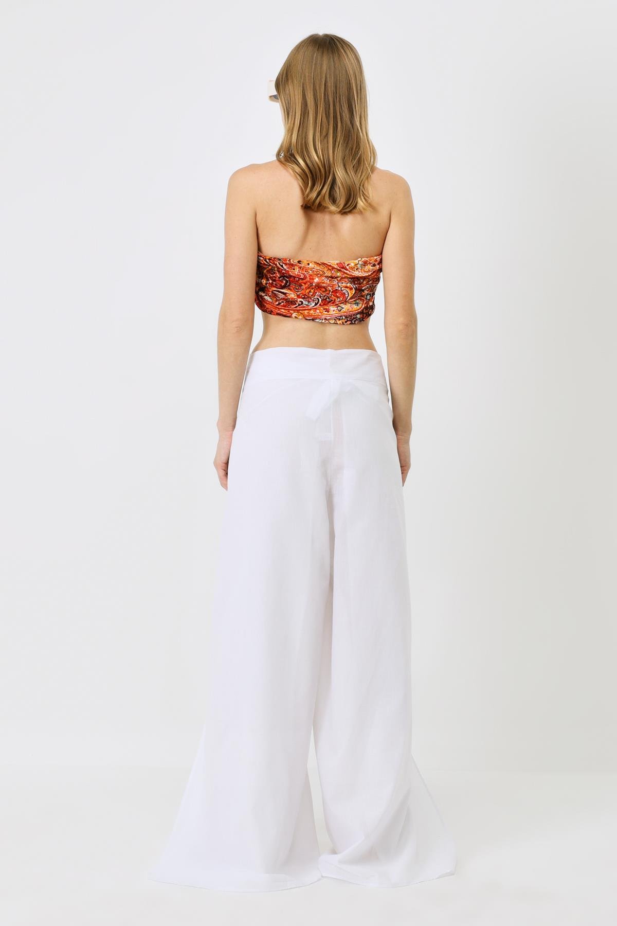 Kadın Belden Kuşaklı Pareo Pantolon 9078 Beyaz