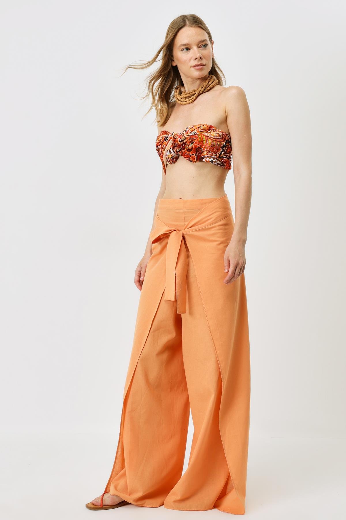 Kadın Belden Kuşaklı Pareo Pantolon 9078 Kavun İçi