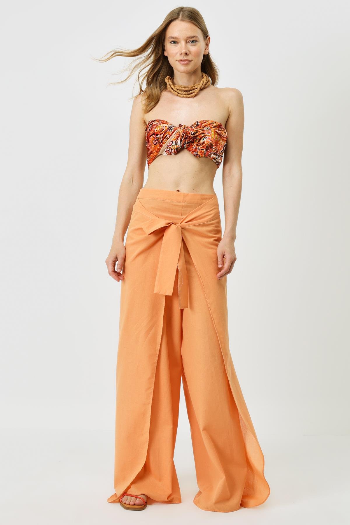 Kadın Belden Kuşaklı Pareo Pantolon 9078 Kavun İçi