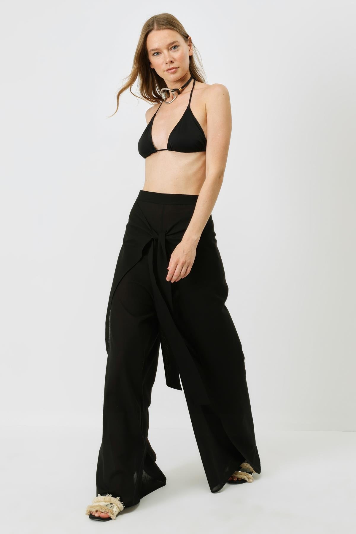 Kadın Belden Kuşaklı Pareo Pantolon 9078 Siyah