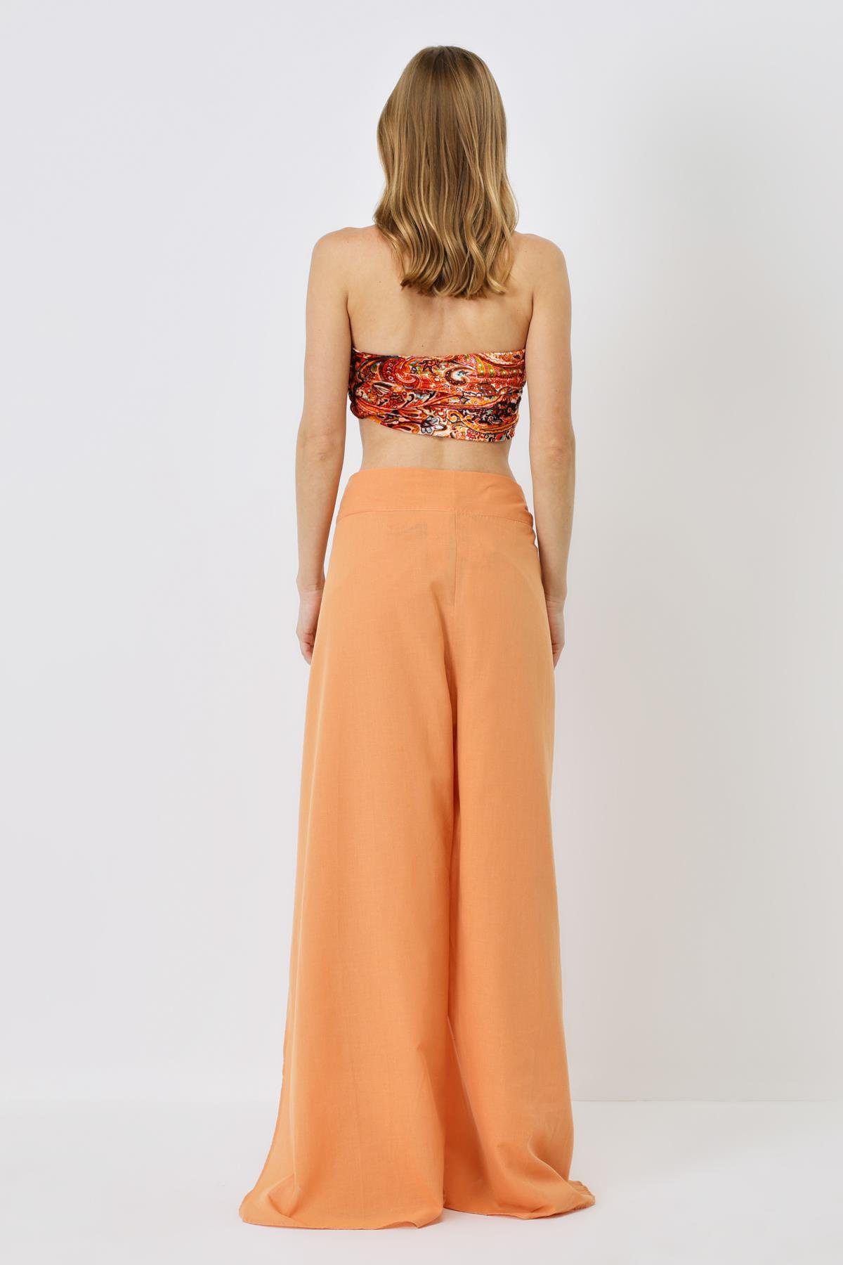 Kadın Belden Kuşaklı Pareo Pantolon 9078 Kavun İçi