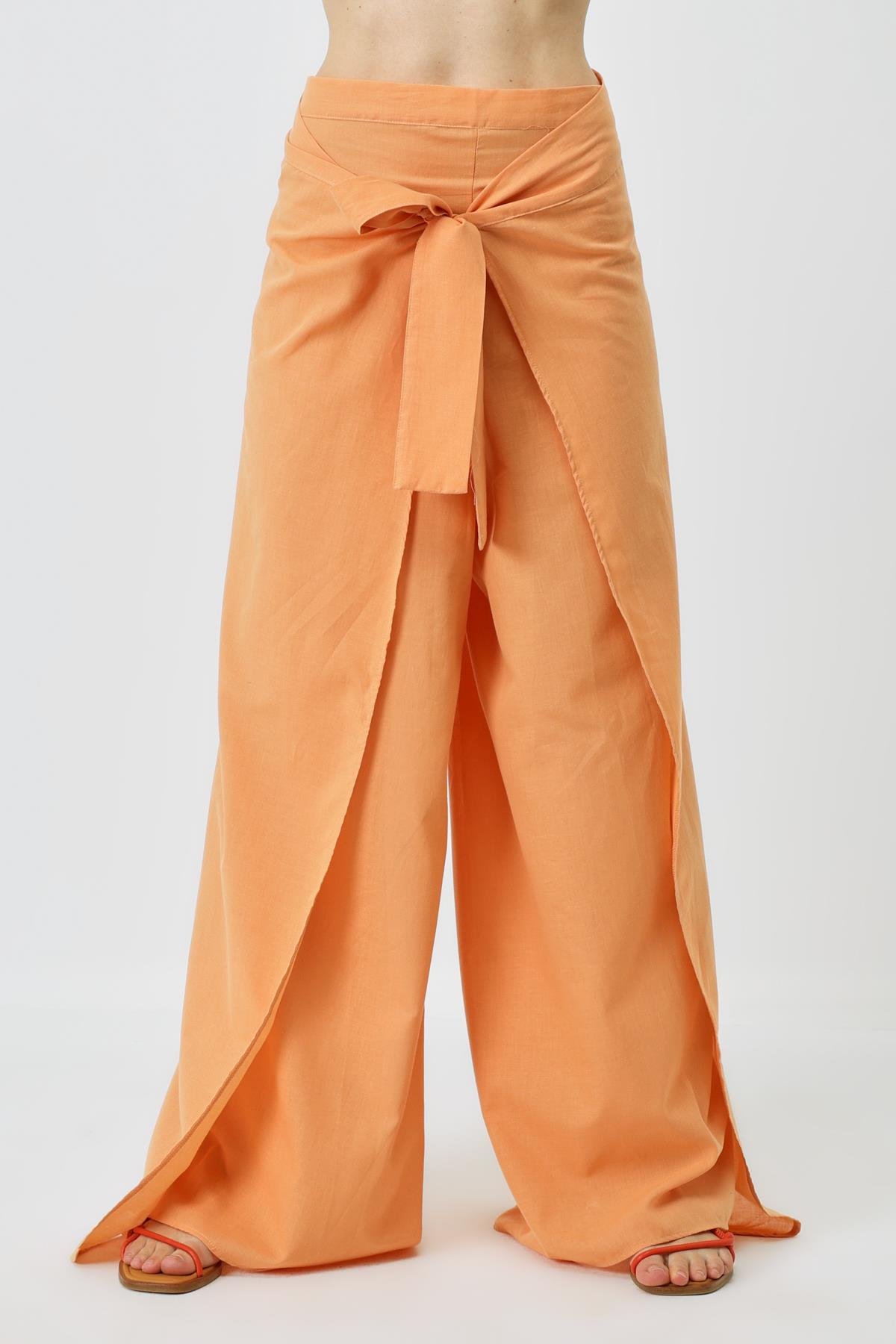 Kadın Belden Kuşaklı Pareo Pantolon 9078 Kavun İçi