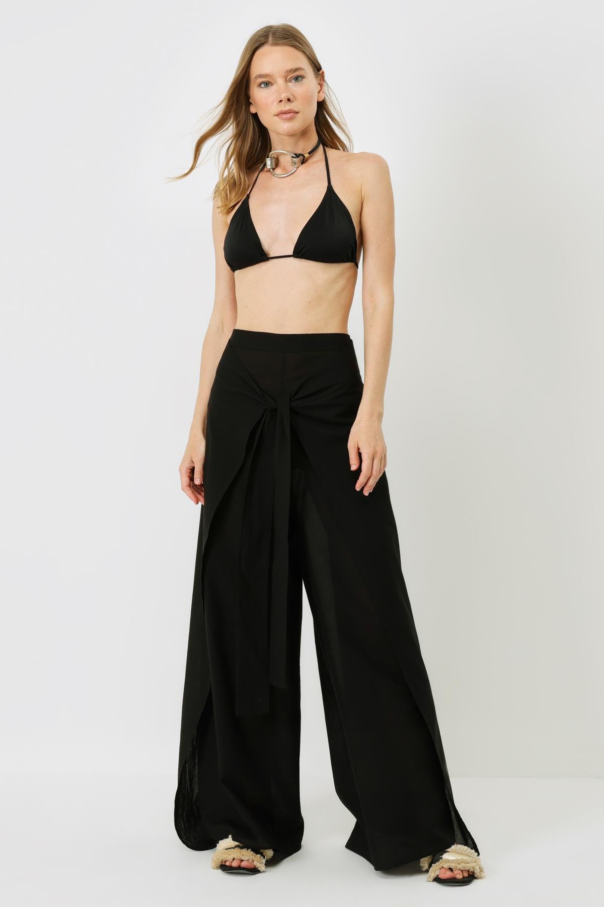 Kadın Belden Kuşaklı Pareo Pantolon 9078 Siyah