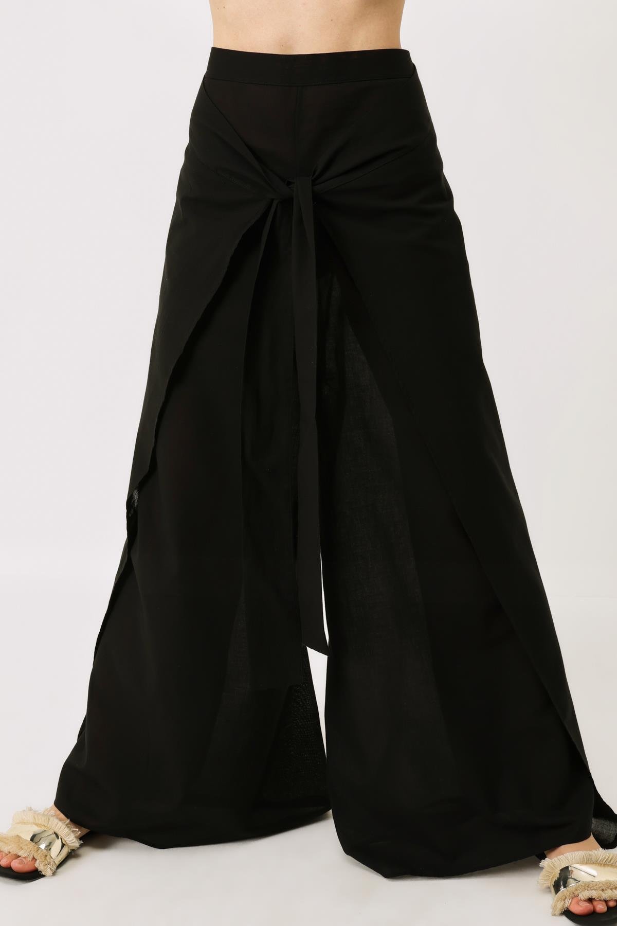 Kadın Belden Kuşaklı Pareo Pantolon 9078 Siyah