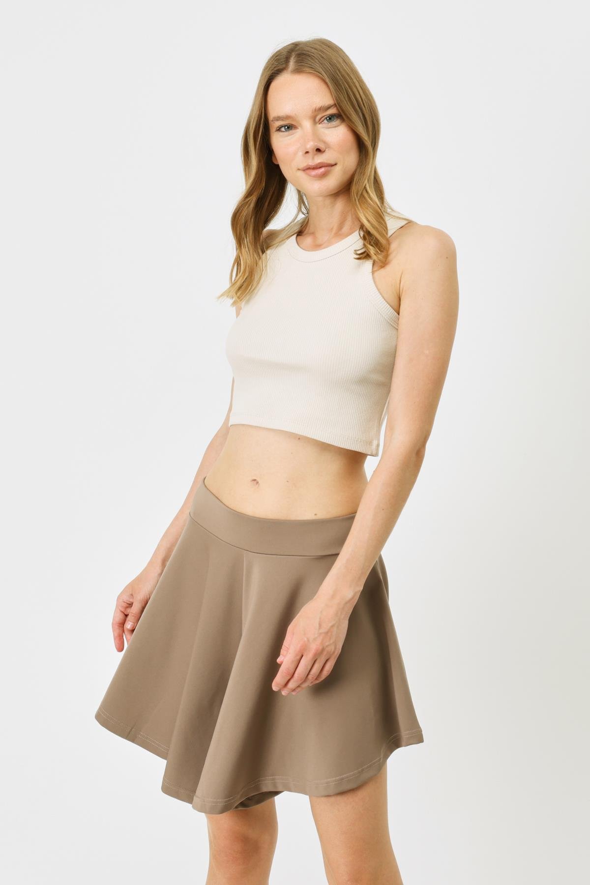 Kadın Halter Yaka Fitilli Esnek Crop Atlet 925 Bej