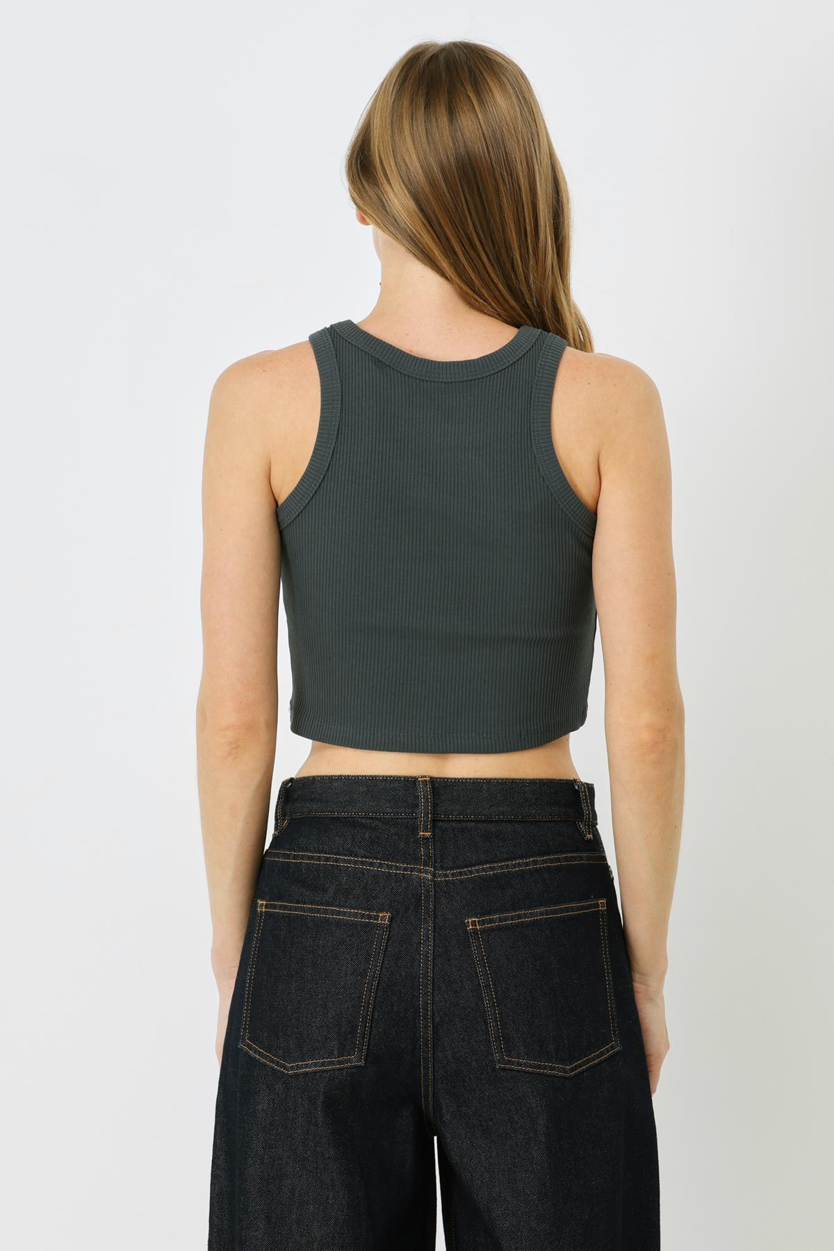 Kadın Halter Yaka Fitilli Esnek Crop Atlet 925 Füme