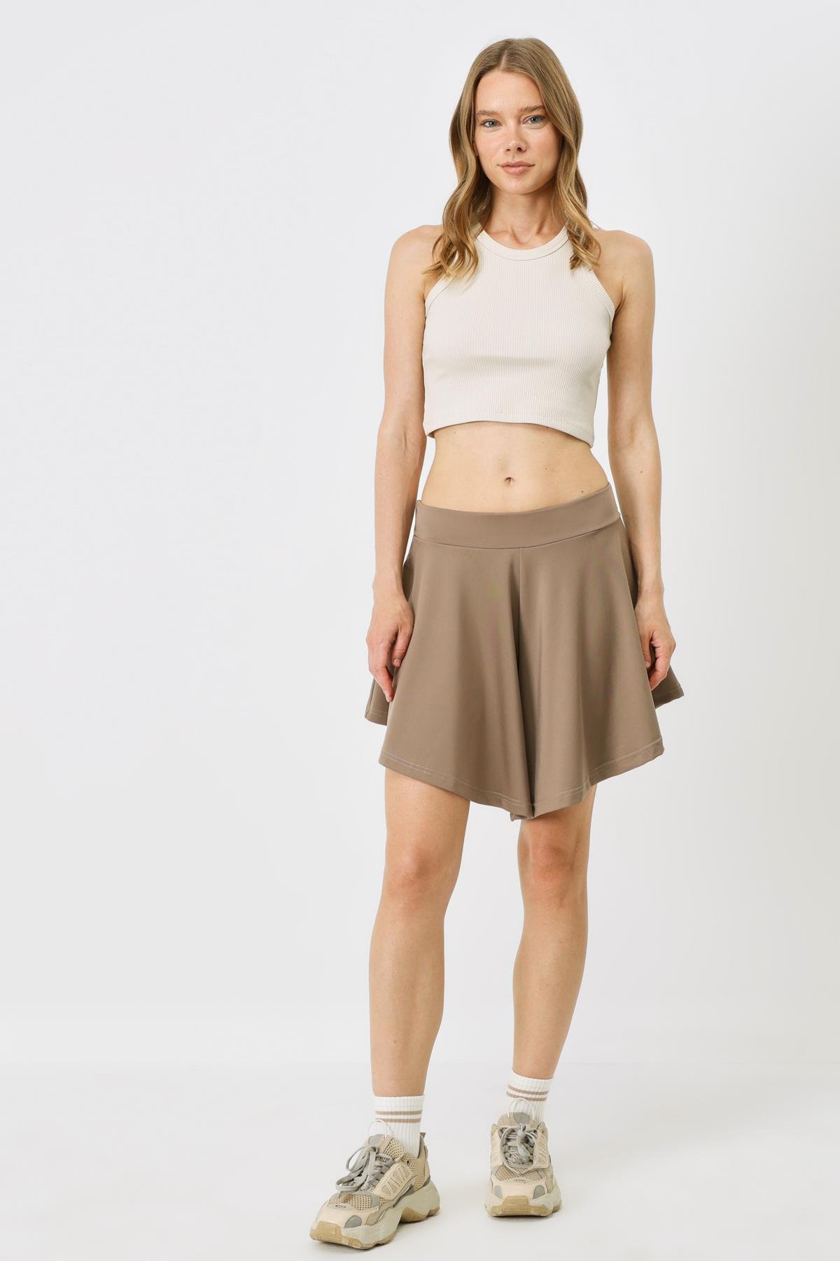 Kadın Halter Yaka Fitilli Esnek Crop Atlet 925 Bej