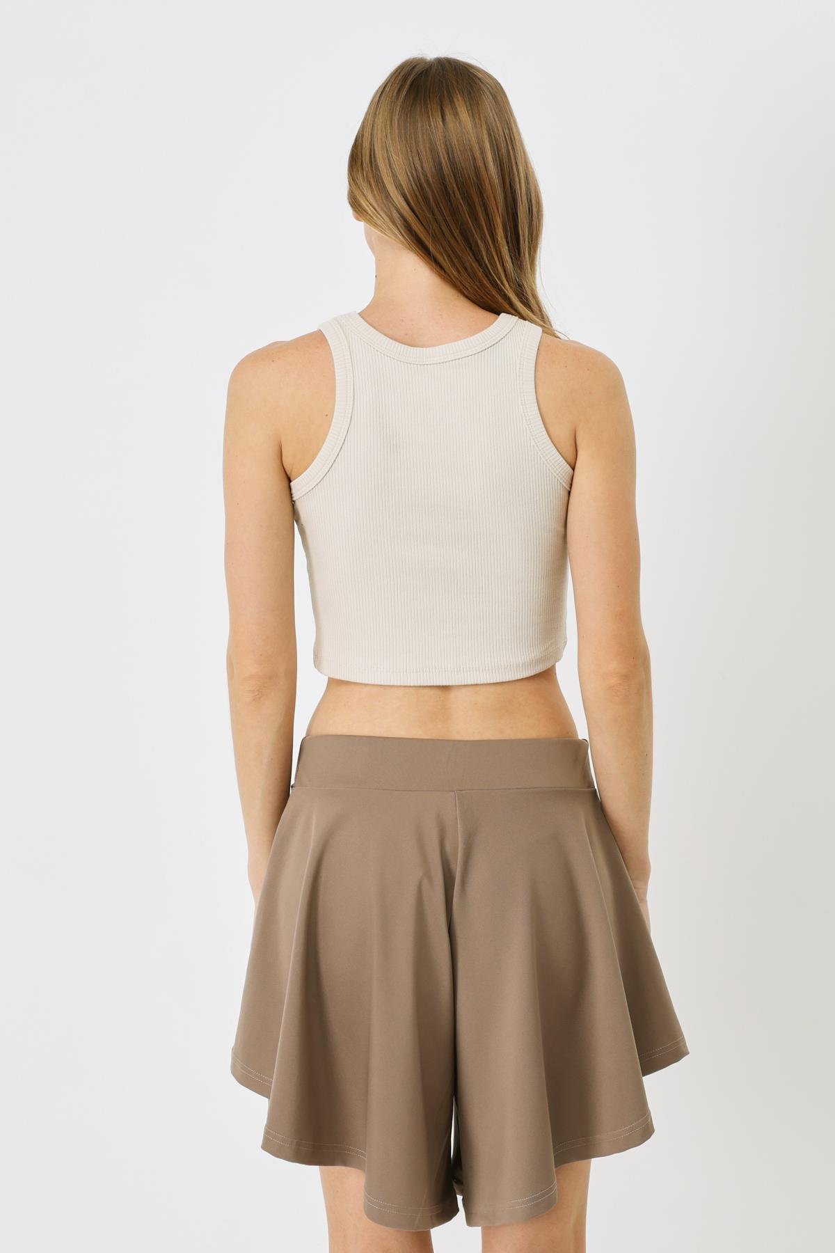 Kadın Halter Yaka Fitilli Esnek Crop Atlet 925 Bej