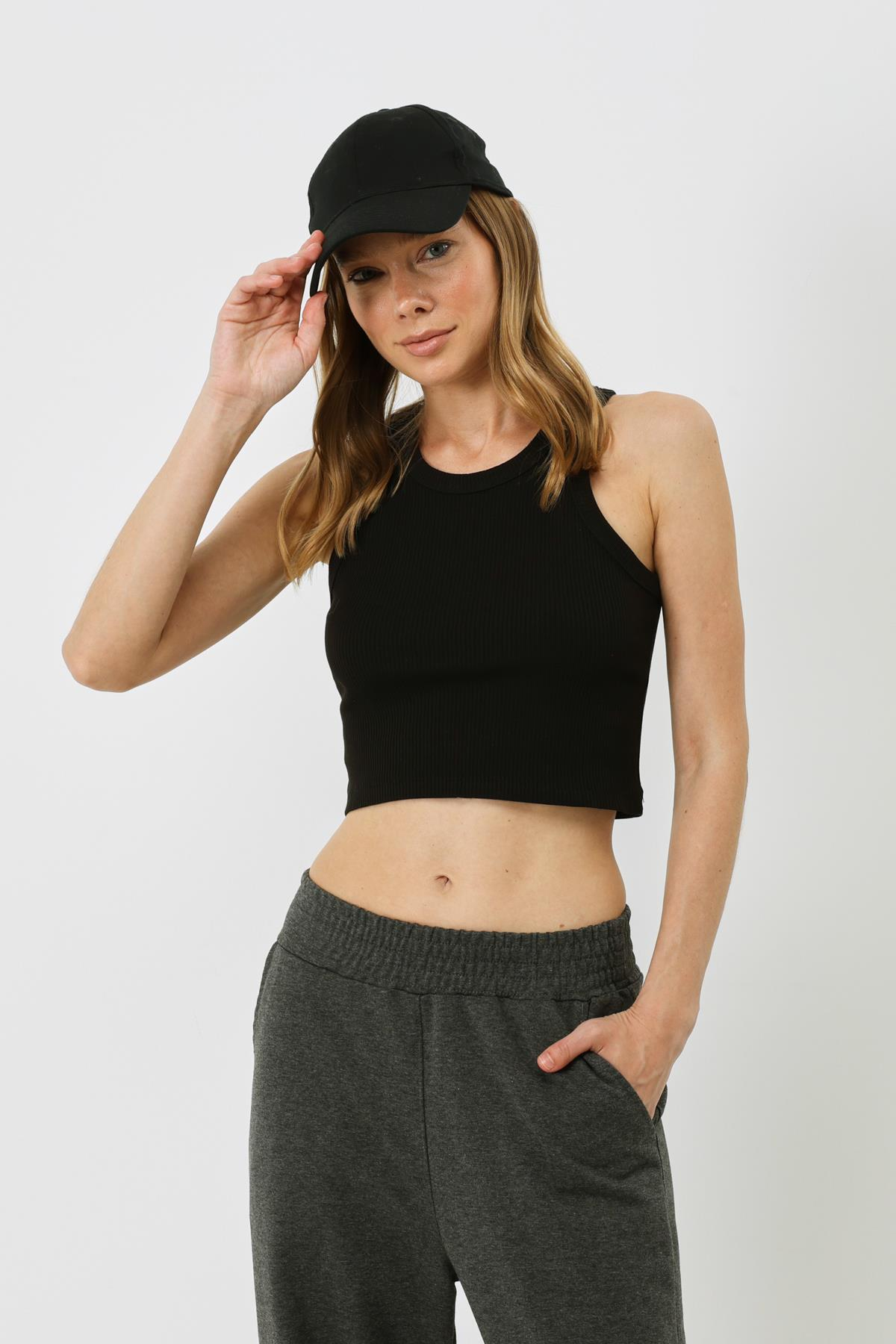 Kadın Halter Yaka Fitilli Esnek Crop Atlet 925 Siyah