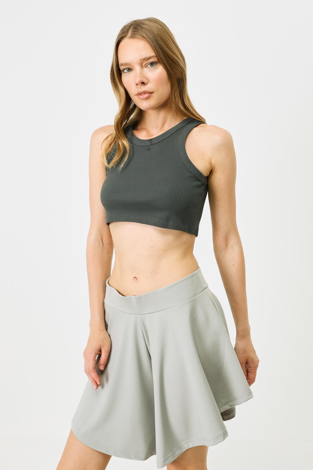 Kadın Halter Yaka Fitilli Esnek Mini Crop Atlet 924 Füme