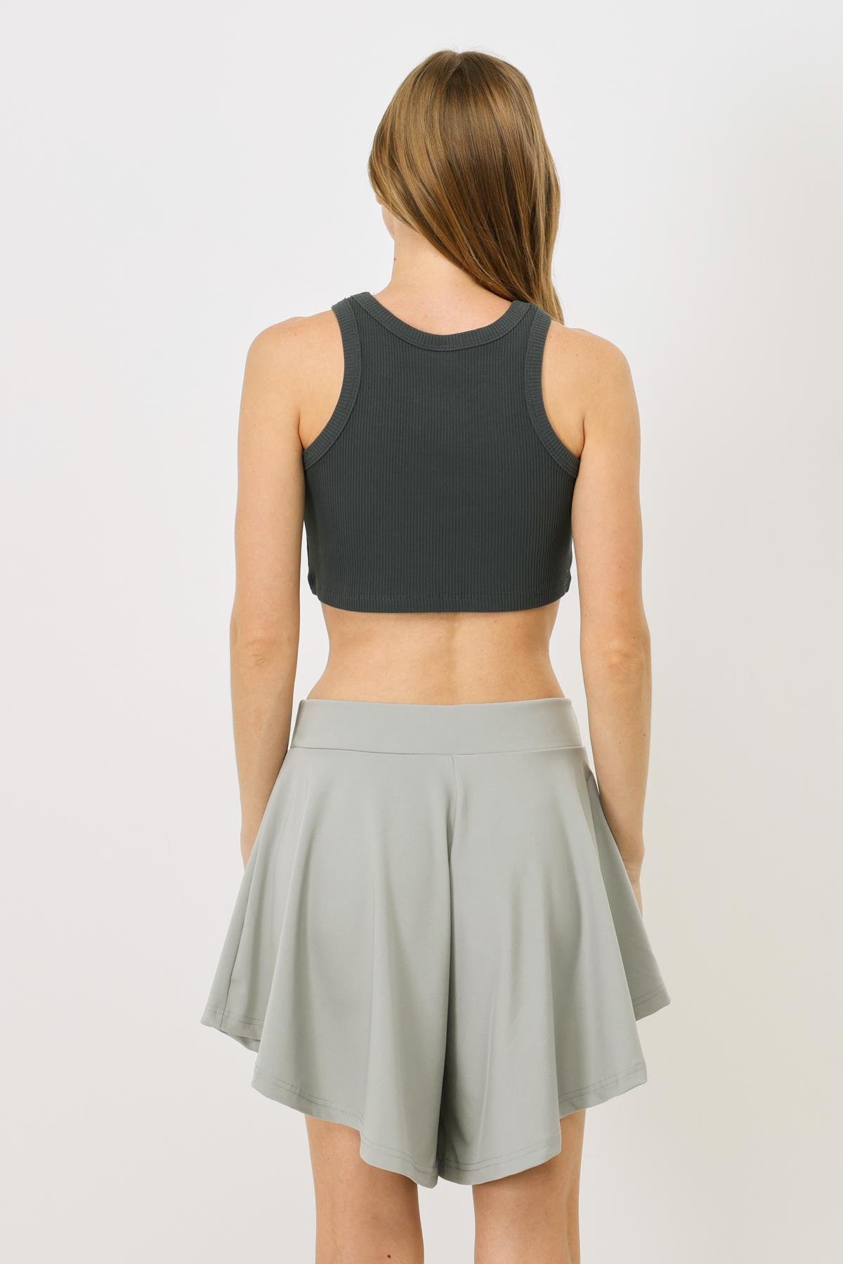 Kadın Halter Yaka Fitilli Esnek Mini Crop Atlet 924 Füme