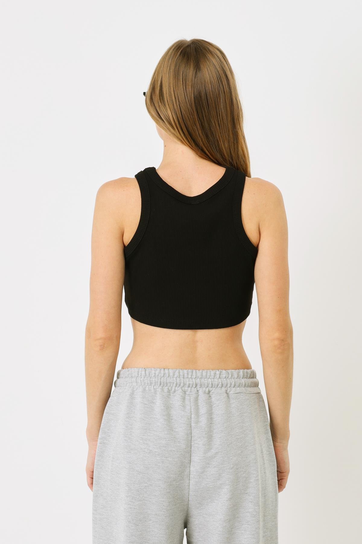 Kadın Halter Yaka Fitilli Esnek Mini Crop Atlet 924 Siyah