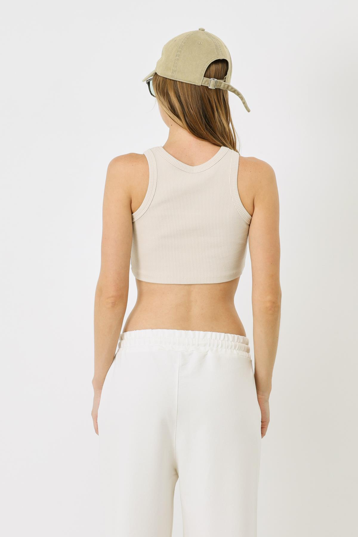 Kadın Halter Yaka Fitilli Esnek Mini Crop Atlet 924 Bej