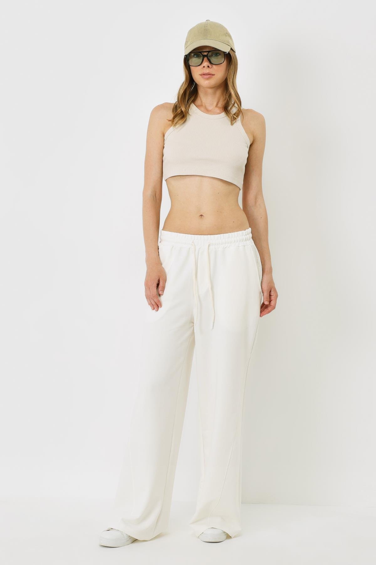 Kadın Halter Yaka Fitilli Esnek Mini Crop Atlet 924 Bej