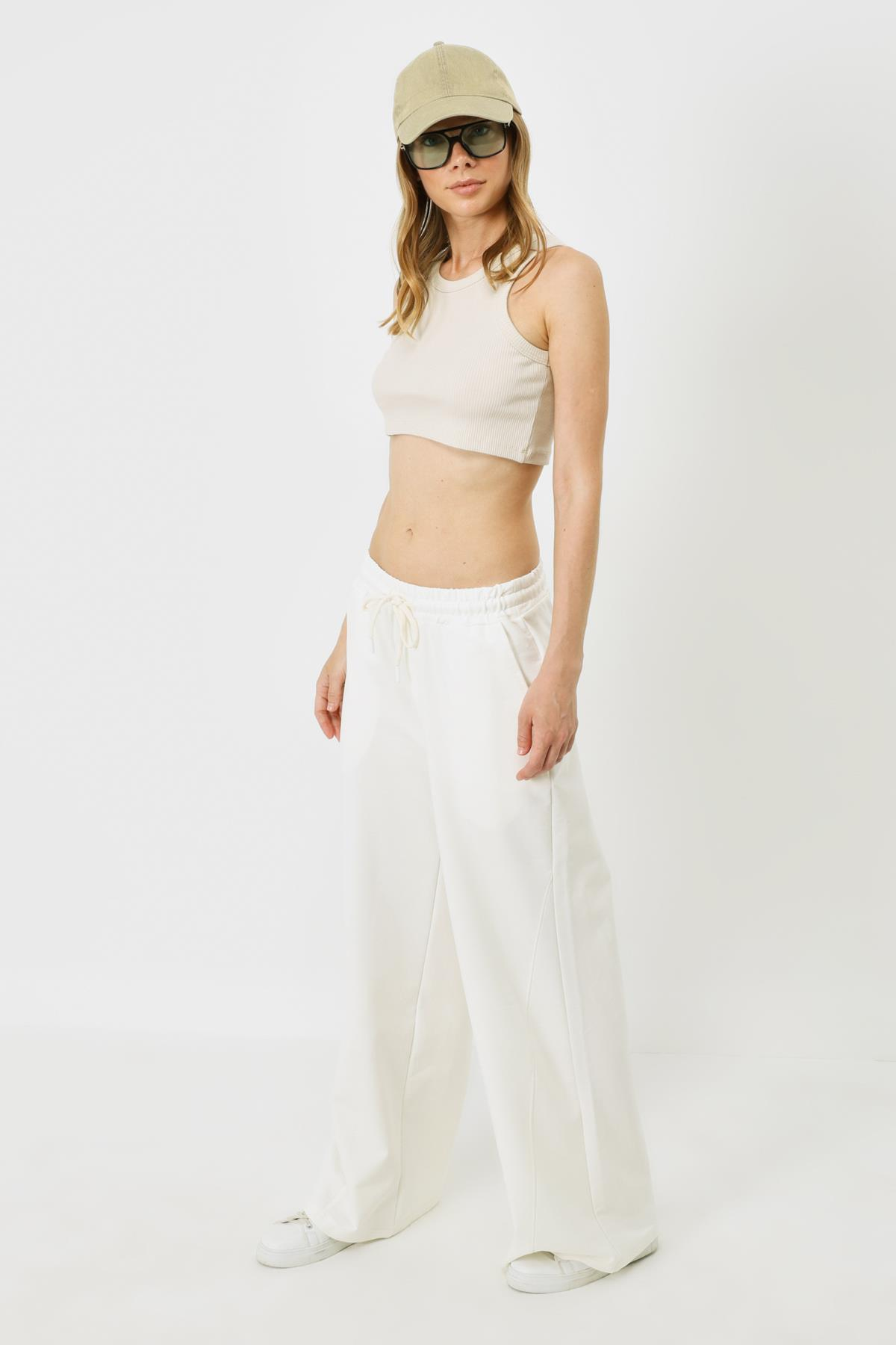 Kadın Halter Yaka Fitilli Esnek Mini Crop Atlet 924 Bej