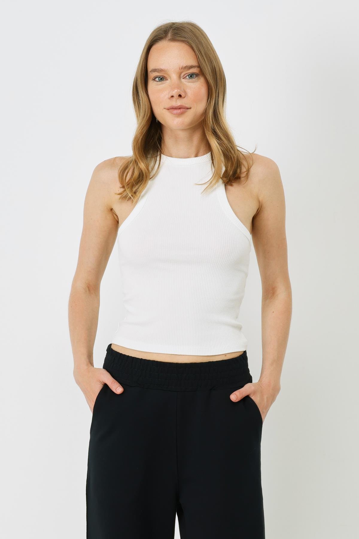 Kadın Halter Yaka Fitilli Esnek Uzun Atlet 923 Ekru