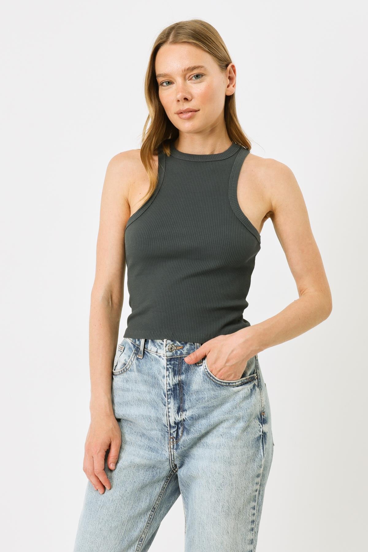 Kadın Halter Yaka Fitilli Esnek Uzun Atlet 923 Füme