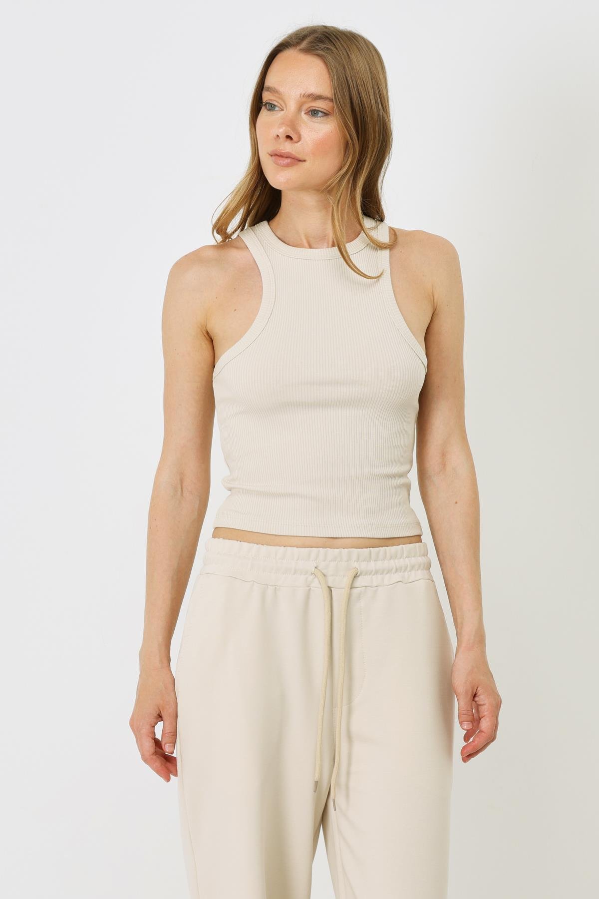 Women's Halter Neck Ribbed Stretch Long Tank Top 923