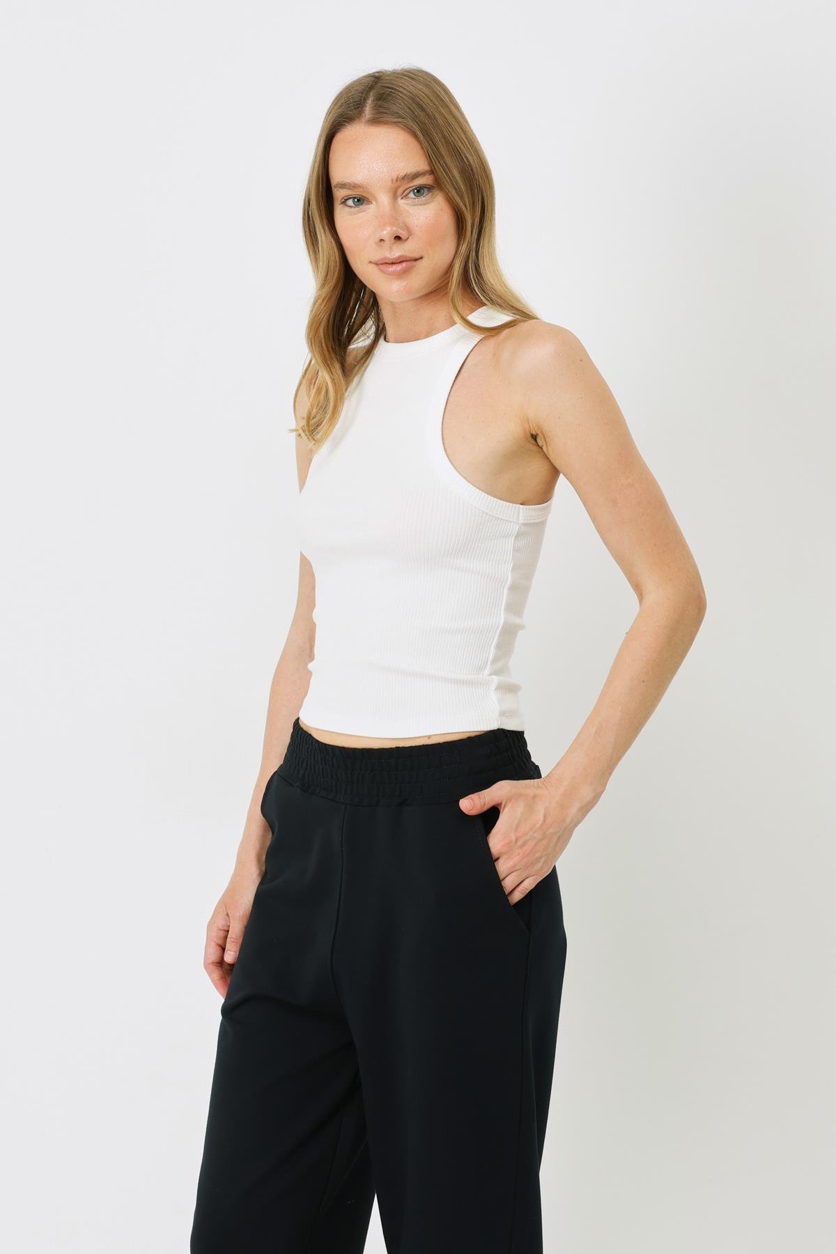 Kadın Halter Yaka Fitilli Esnek Uzun Atlet 923 Ekru