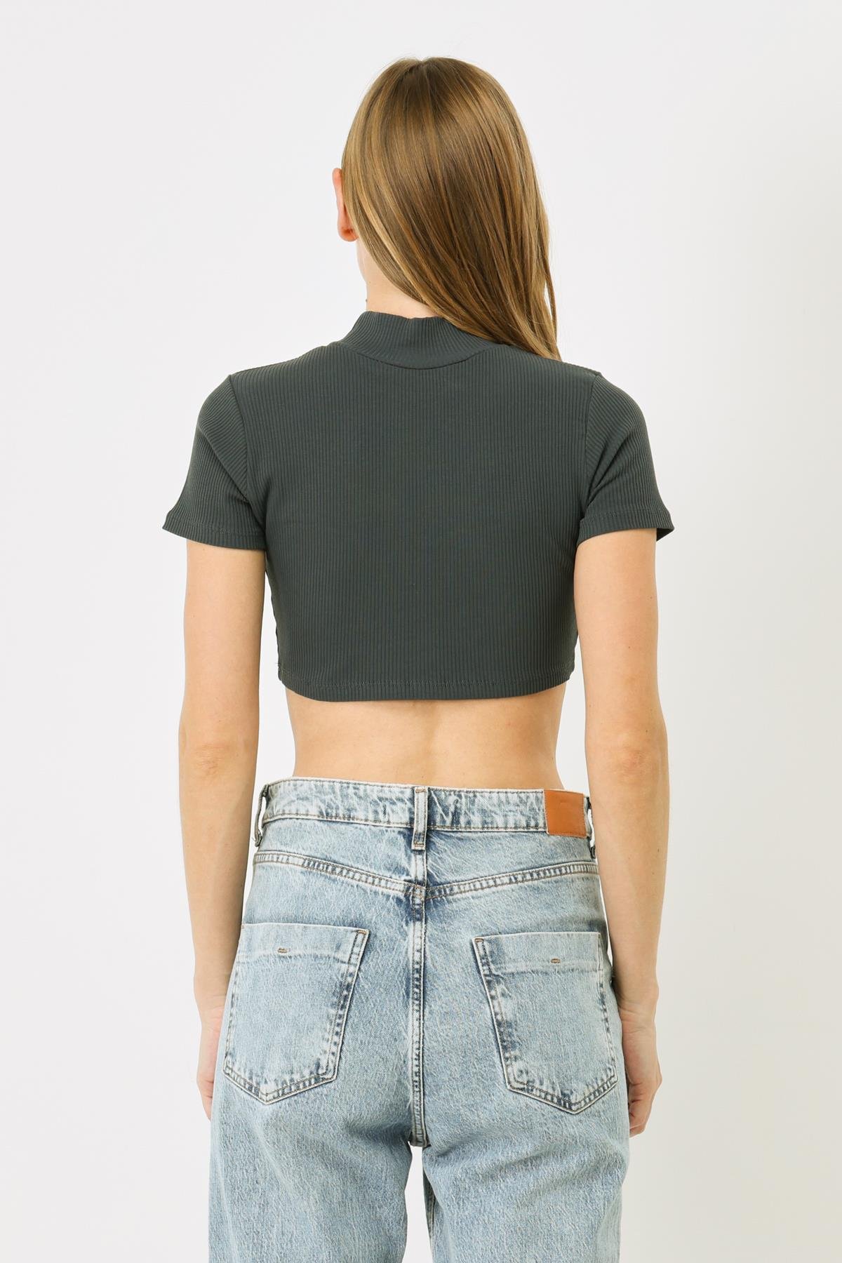 Women's Short Sleeve Crew Neck Crop Ribbed Blouse 922