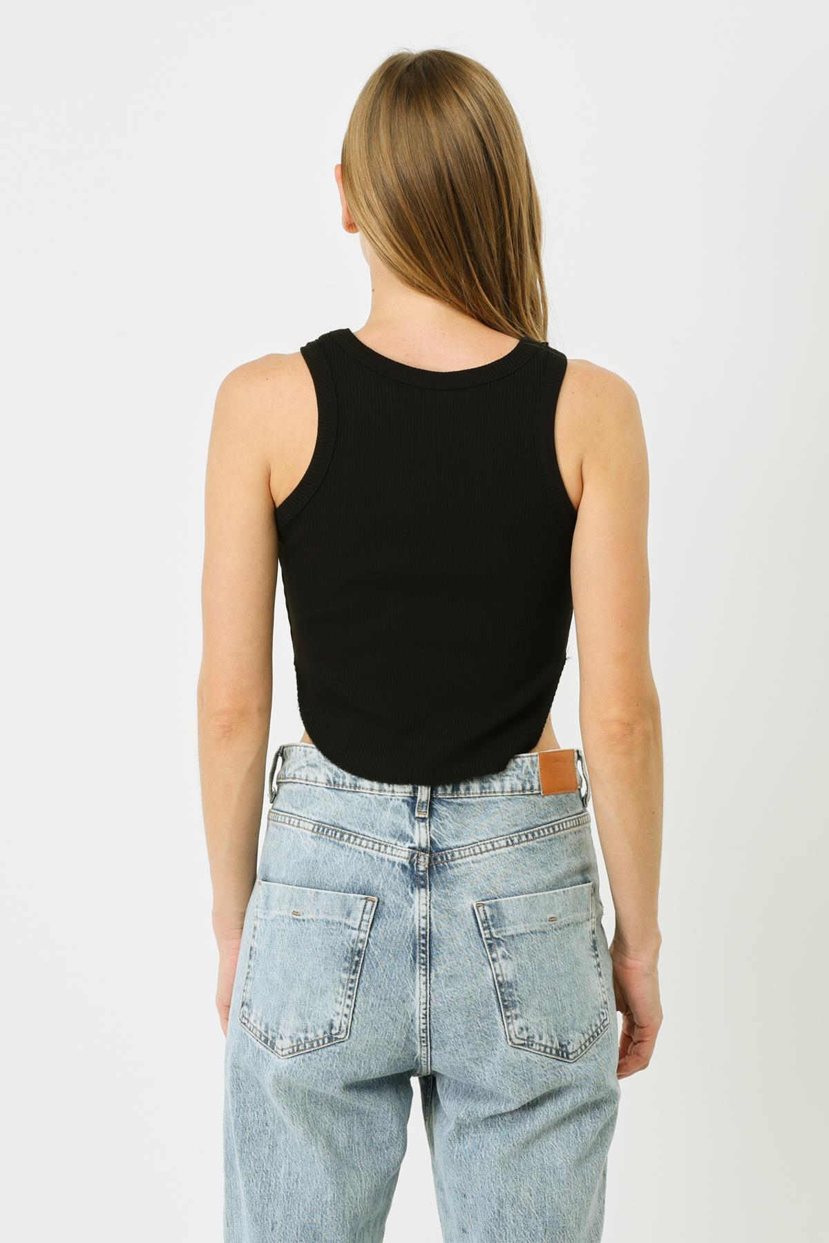 Kadın Oval Fitilli Askılı Crop Atlet 920 Siyah