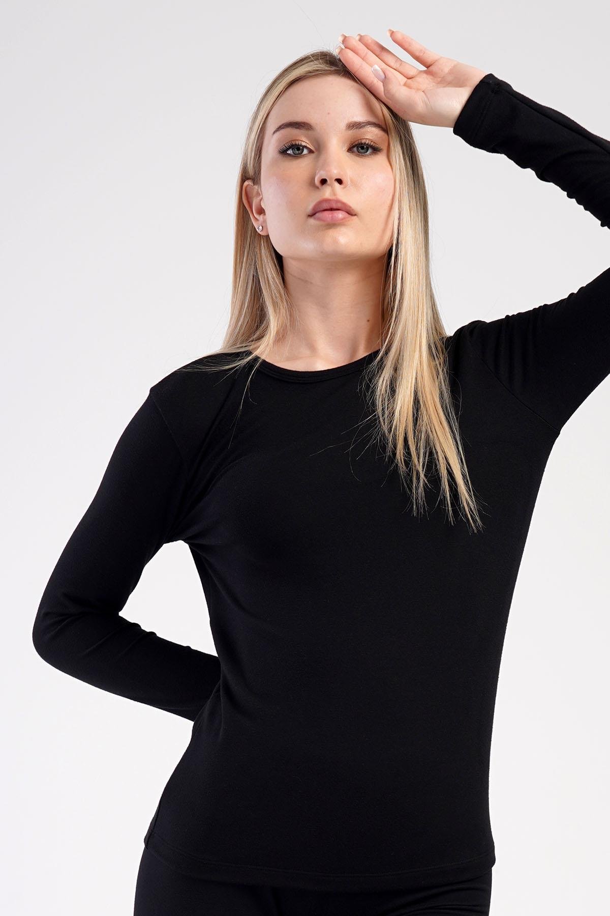 Kadın Uzun Kol Bisiklet Yaka Termal T-Shirt 409008 Siyah