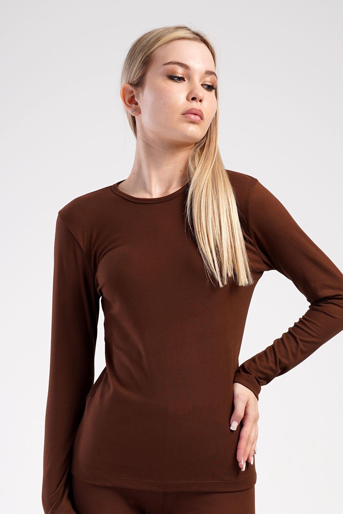 Kadın Uzun Kol Bisiklet Yaka Termal T-Shirt 409008 Kahverengi