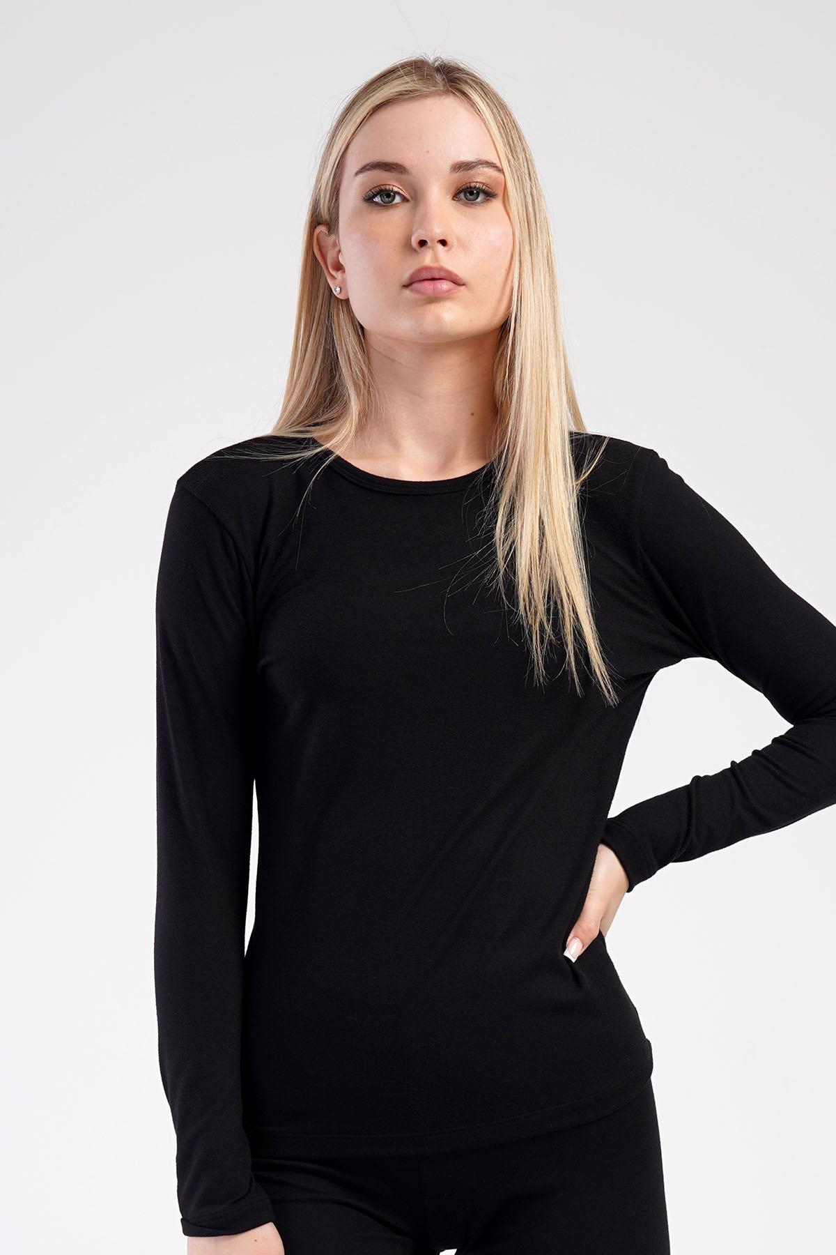 Kadın Uzun Kol Bisiklet Yaka Termal T-Shirt 409008 Siyah