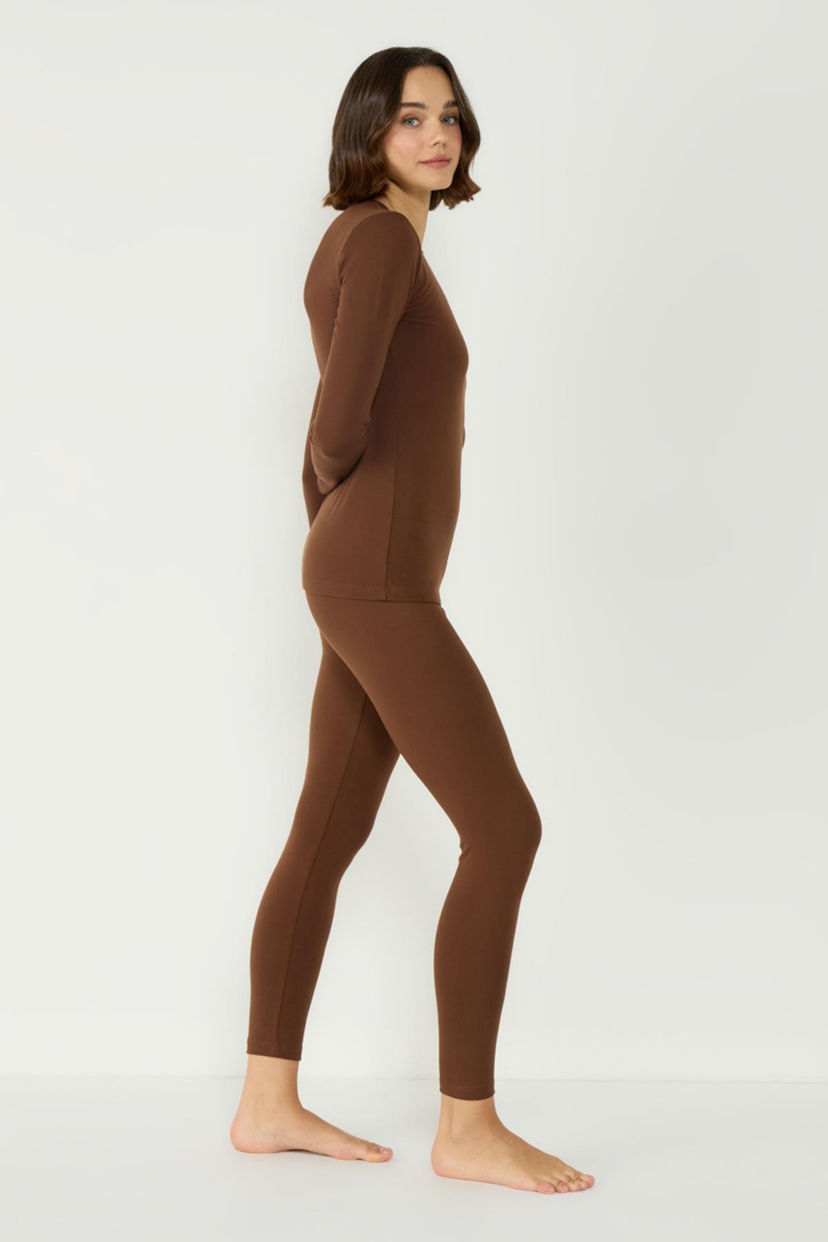 Kadın Uzun Kol Bisiklet Yaka Termal Takım 405152 Kahverengi