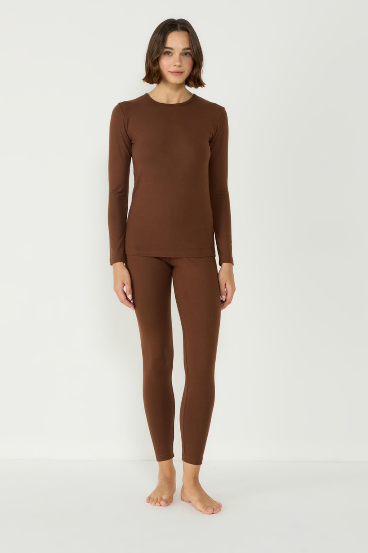 Kadın Uzun Kol Bisiklet Yaka Termal Takım 405152 Kahverengi