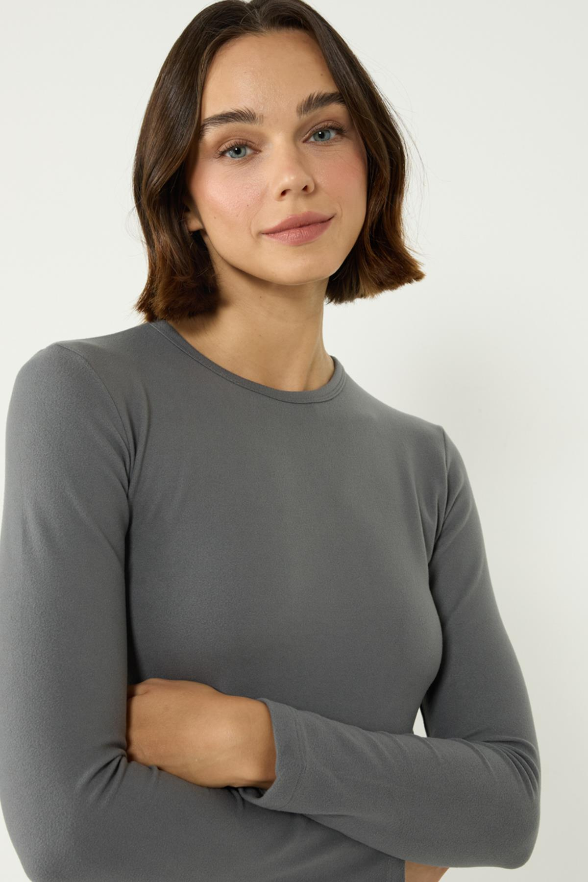 Kadın Uzun Kol Bisiklet Yaka Termal Takım 405152 Füme