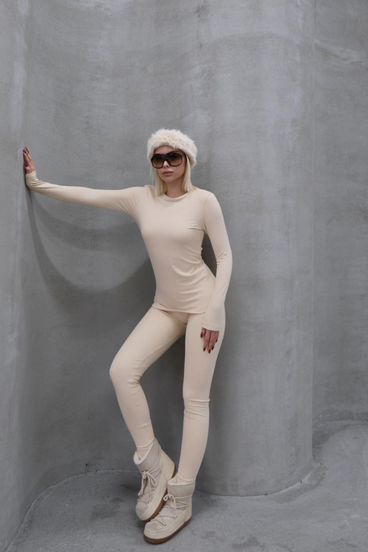 Kadın Uzun Kol Bisiklet Yaka Termal Takım 405152 / 409003 Bej