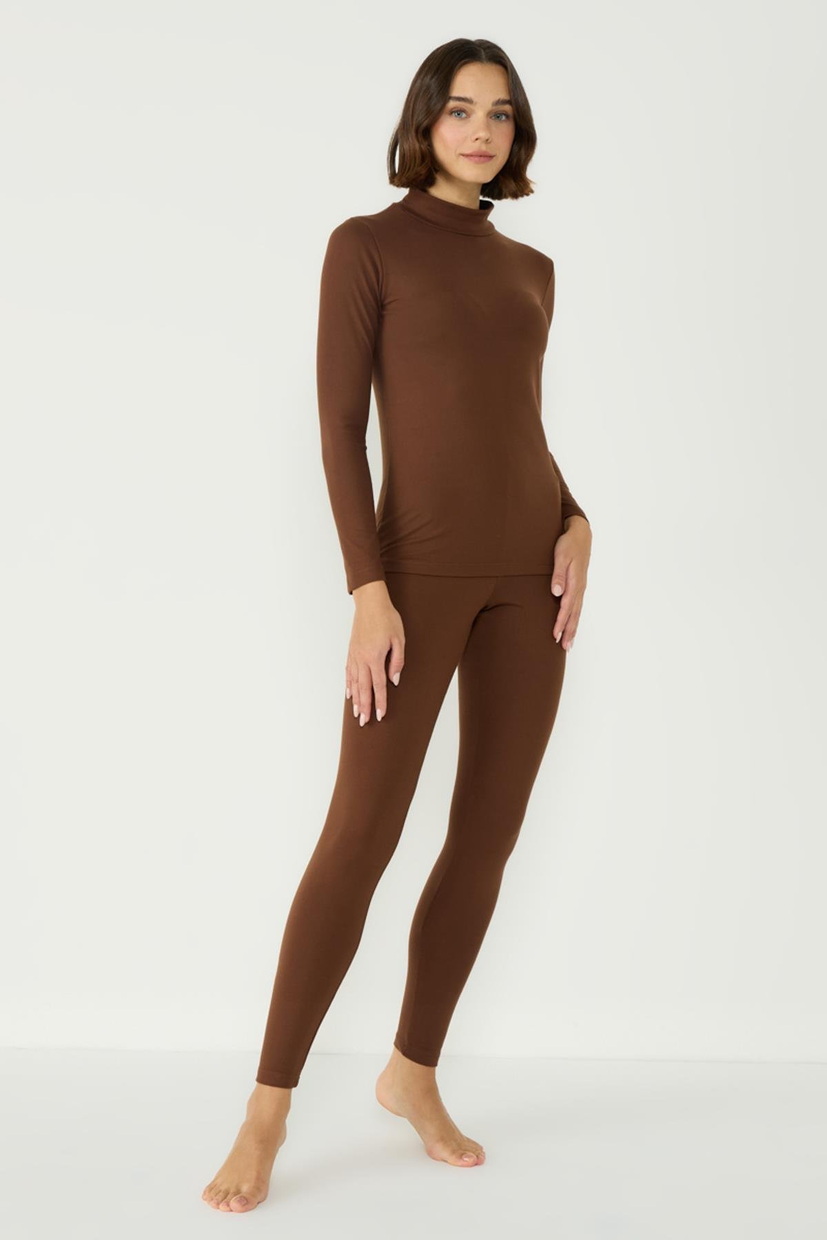 Kadın Uzun Kol Yakalı Termal Takım 405154 Kahverengi