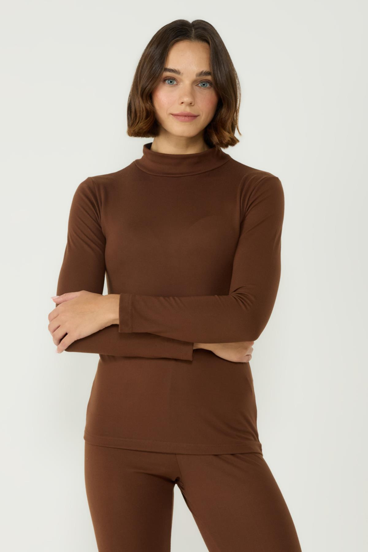 Kadın Uzun Kol Yakalı Termal Takım 405154 Kahverengi