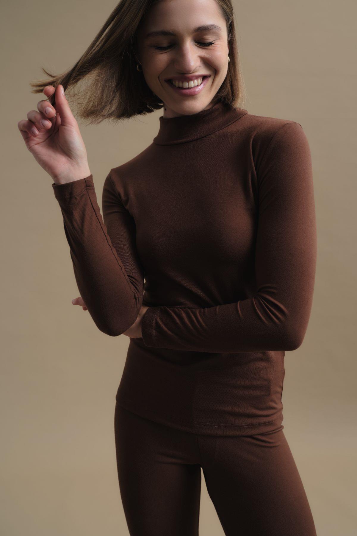 Kadın Uzun Kol Yakalı Termal Takım 405154 Kahverengi