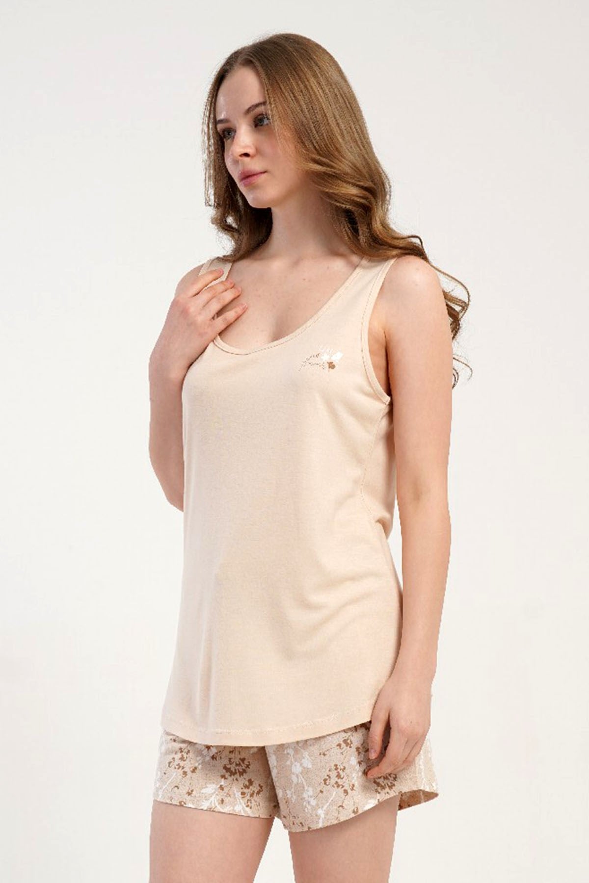 Kalın Askılı Şortlu Pijama Takımı Açık Kahve-512239